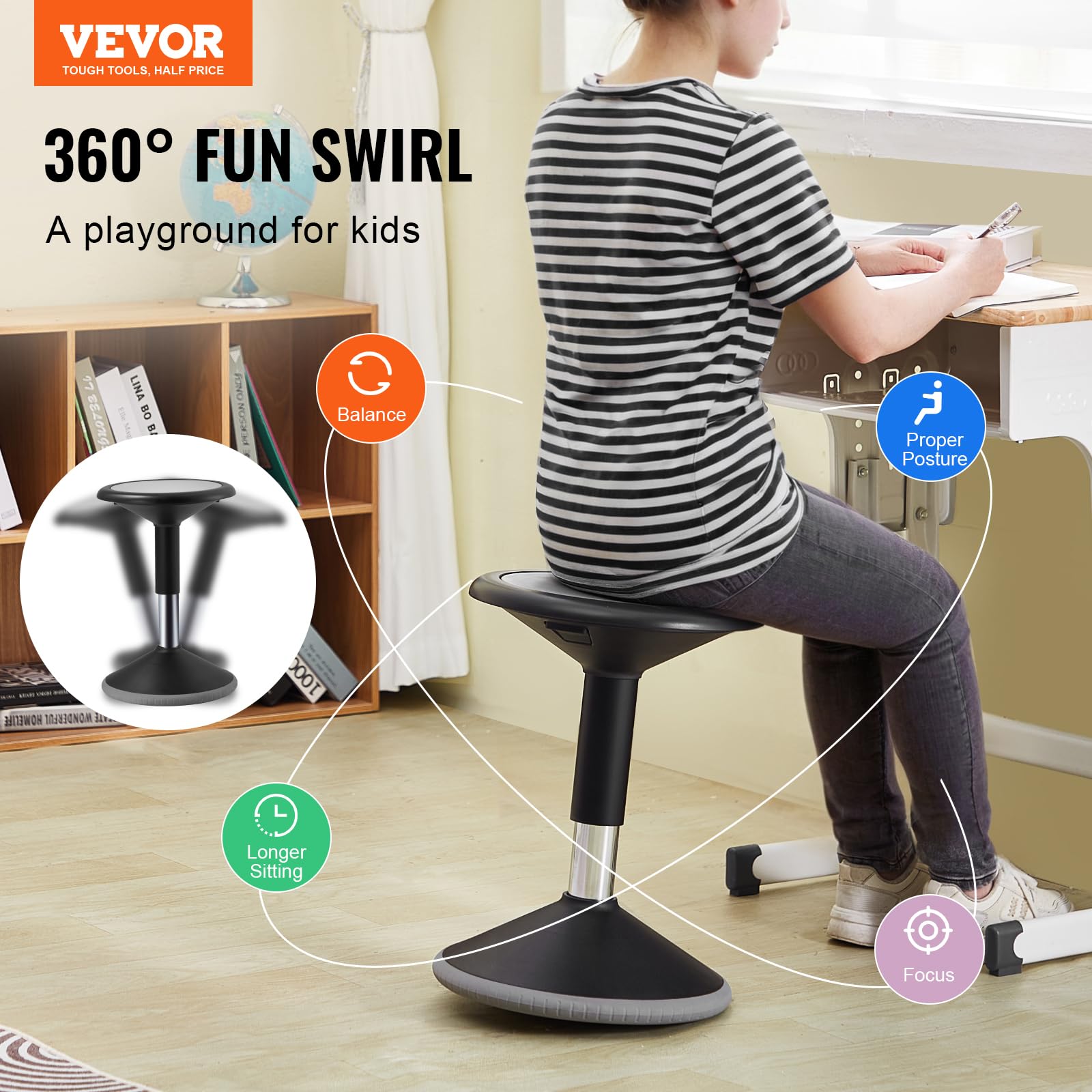 VEVOR Silla Oscilante Silla Activa de Altura Ajustable 40-55 cm, Taburete Oscilante con Asiento Flexible Hecho de PVC y ABS Ideal para Niños de 12 a 18 Años en Escuelas, Oficinas, Hogares, Negro