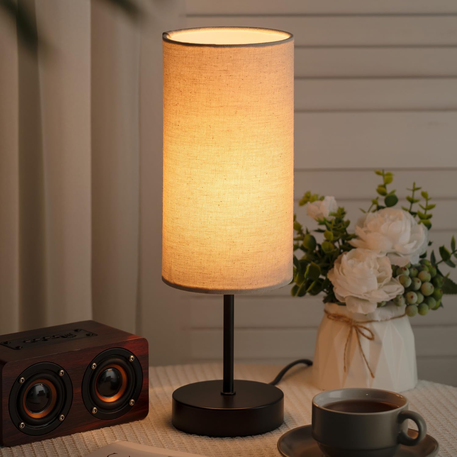 Small Bedside Table Lamp for Bedroom, Round Linen Shade and Black Metal Base, Rustic Minimalist Night Lamps for Nightstand, Dresser, Living Room, Office, College Dorm, Warm Light, 5W LED Bulb Included