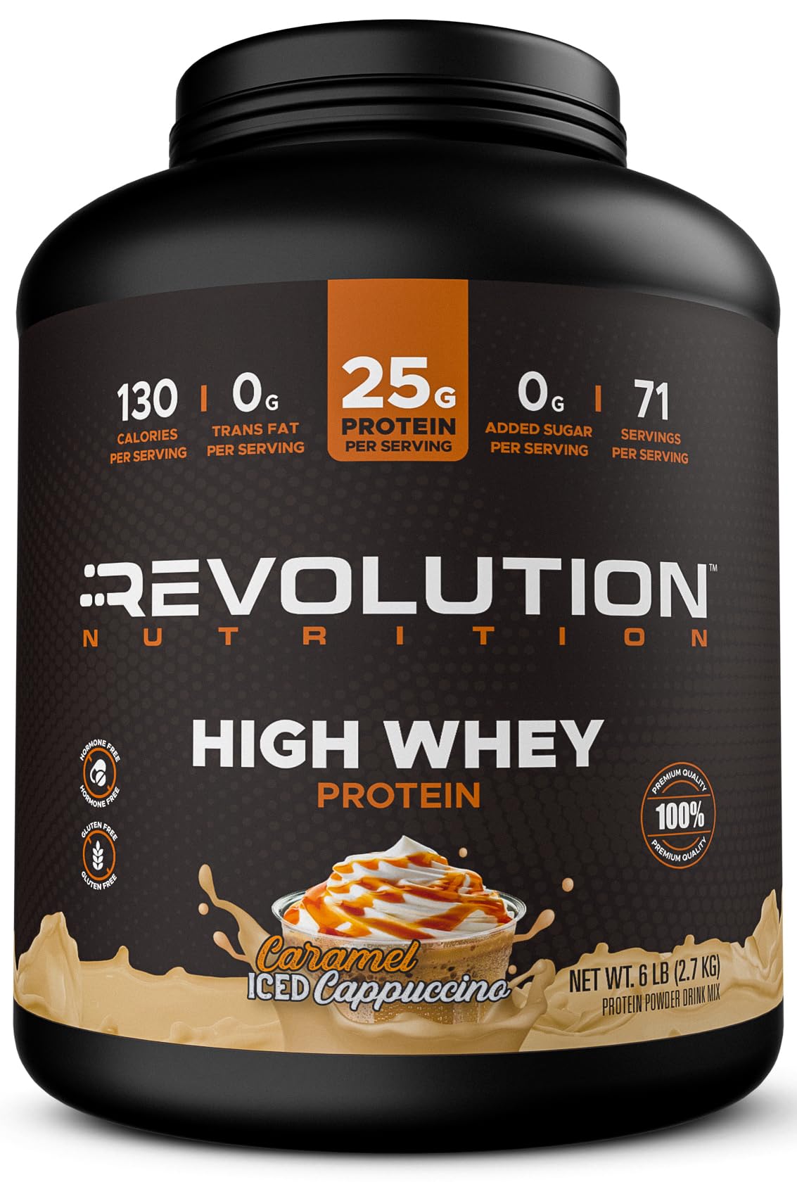 Revolution Nutrition, High Whey, Protein Powder 6LB, Whey Isolate, Gluten Free, Lean Muscle Mass for Men & Women, 25g of Protein Per Scoop, 2.7kg, 73 Servings (Caramel Iced Cappuccino, 6 Pound)