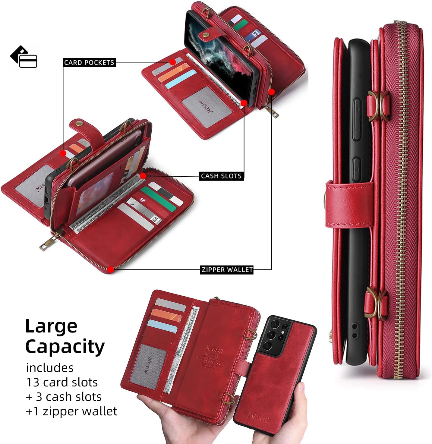Compatible with Samsung Galaxy A12/M12 Wallet Case Crossbody Shoulder Strap Stand Card Holder Multi-Function 2in 1 Detachable Magnetic Cell Phone Cover for Glaxay A 12 5G Gaxaly A-12 S12 12A 4G Red