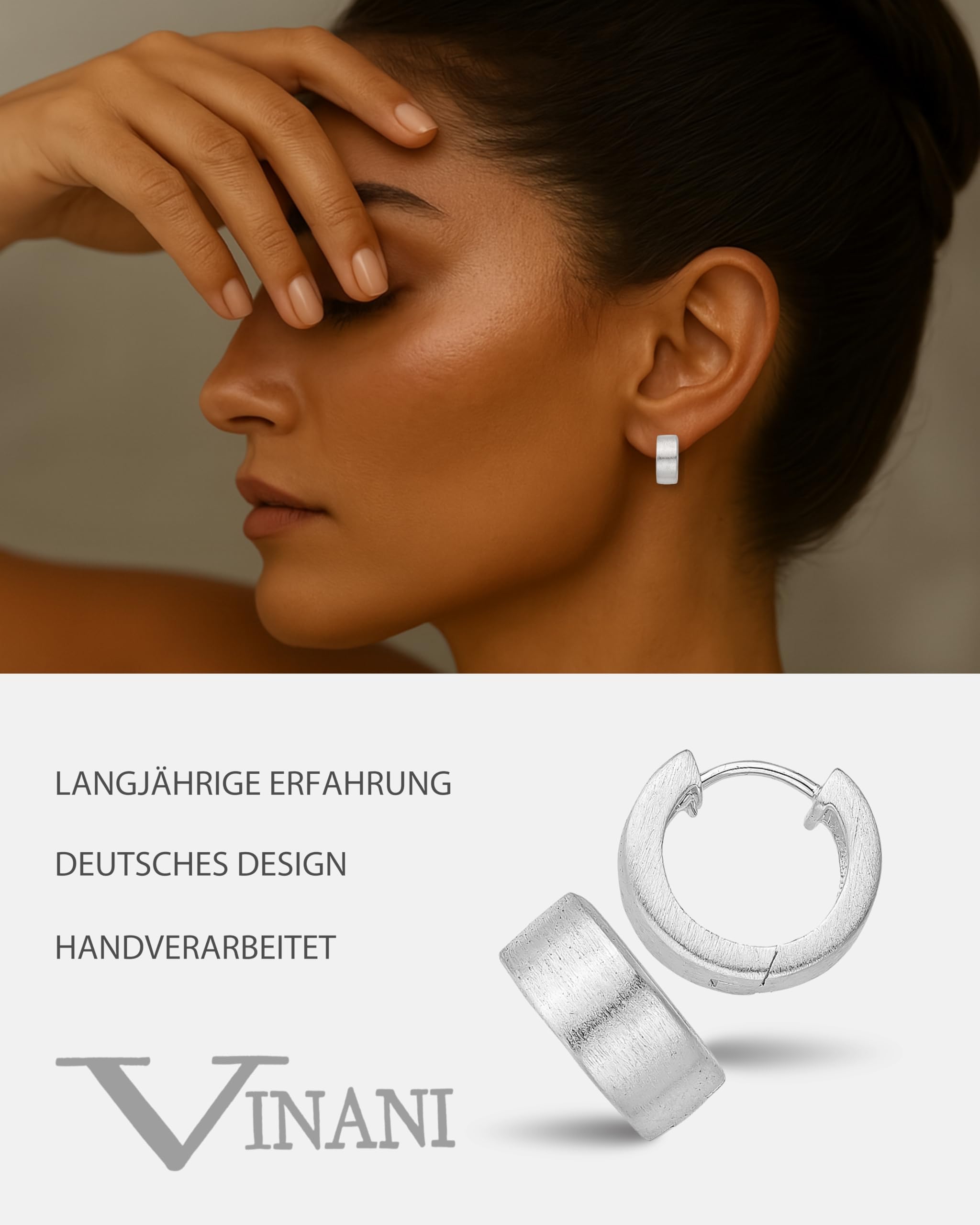 Vinani Damen Ohrringe 925 Silber - Klapp Creolen Ohrring Set für Frauen aus 925 Sterling Silber breit rund mattiert CRR