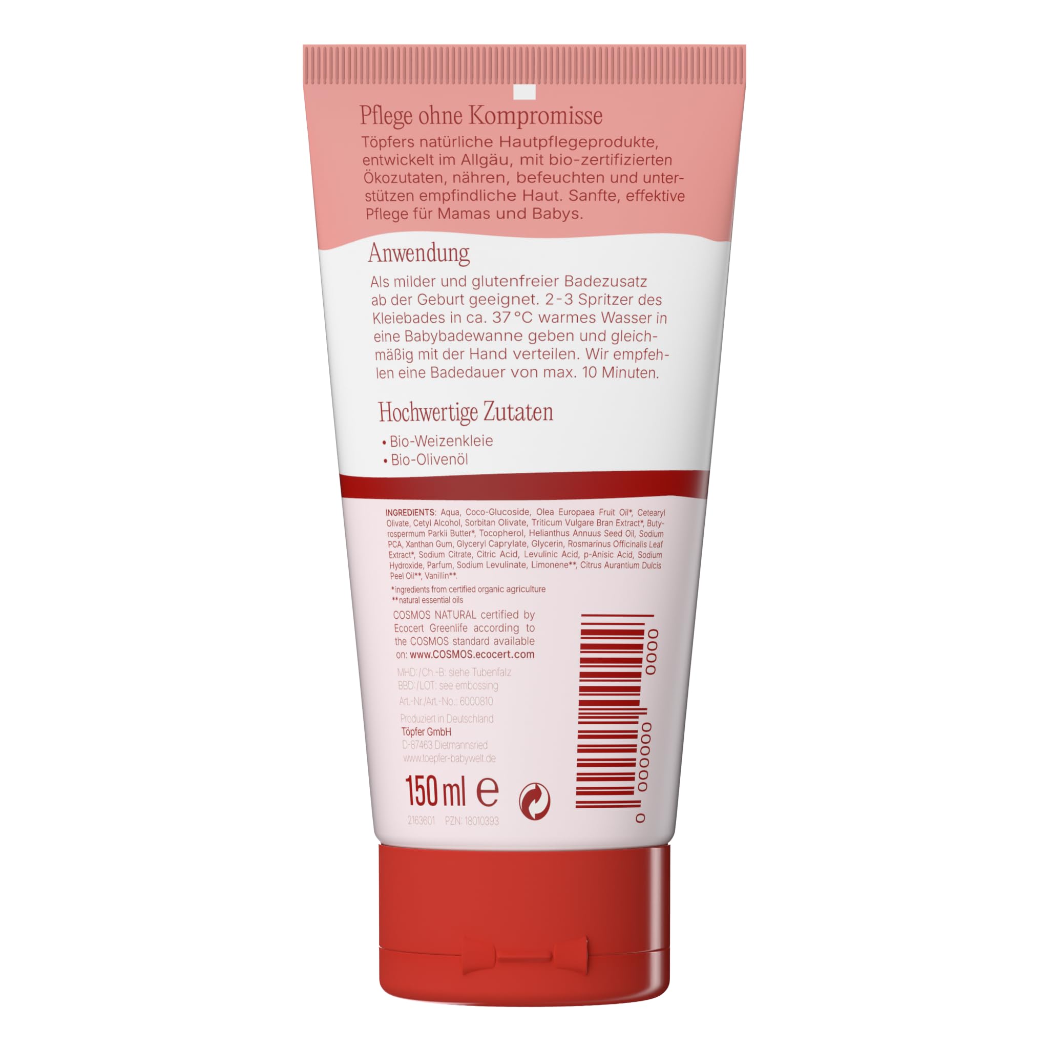 Töpfer Babycare Kleiebad – milder Badezusatz für empfindliche Babyhaut ab Geburt – mit Bio-Weizenkleie & Bio-Olivenöl – glutenfrei & vegan – 6x150ml