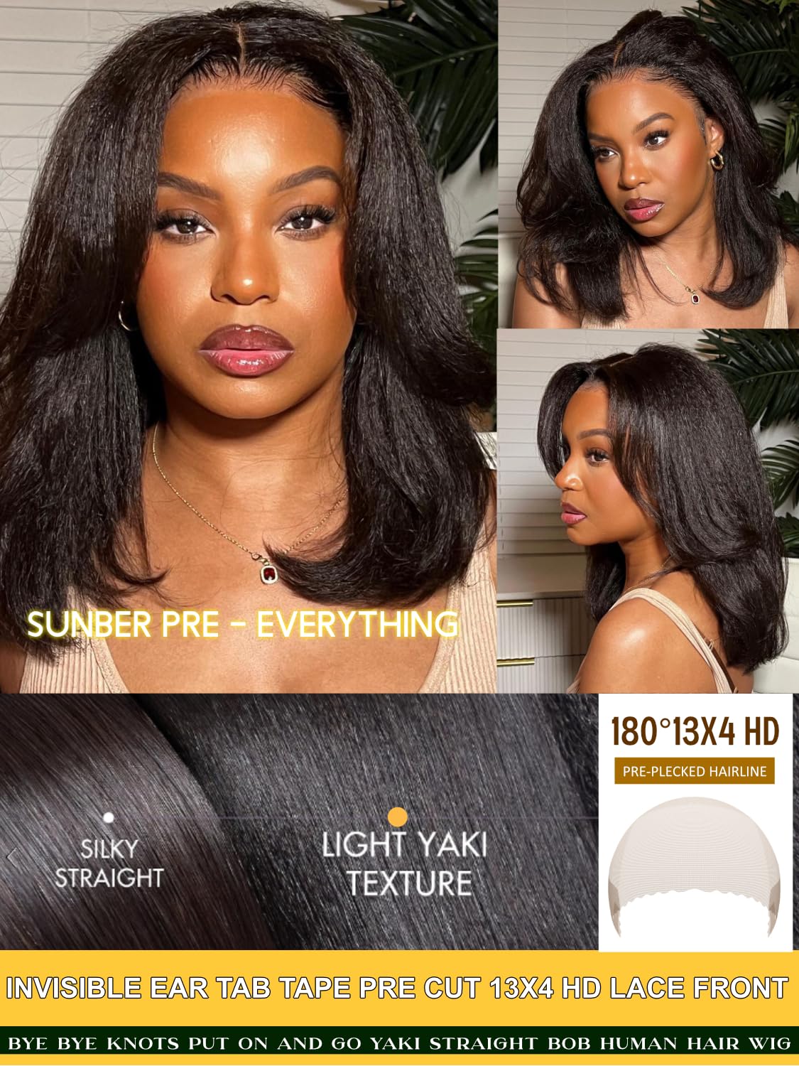 Sunber 13x4 Lace Front Human Hair Bob Wigs Pre Everything 12A Human Hair Bob Pre Plucked Invisible Knots 10Inch Short Bob Wig 150% Density Glueless Bob Wig