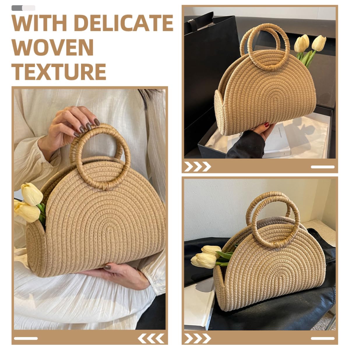 Beaupretty Borsa da Spiaggia Manico Portatile Estiva Intrecciata in Corda di Cotone e Capacità Ampia per Viaggi e Fotografia All'aperti