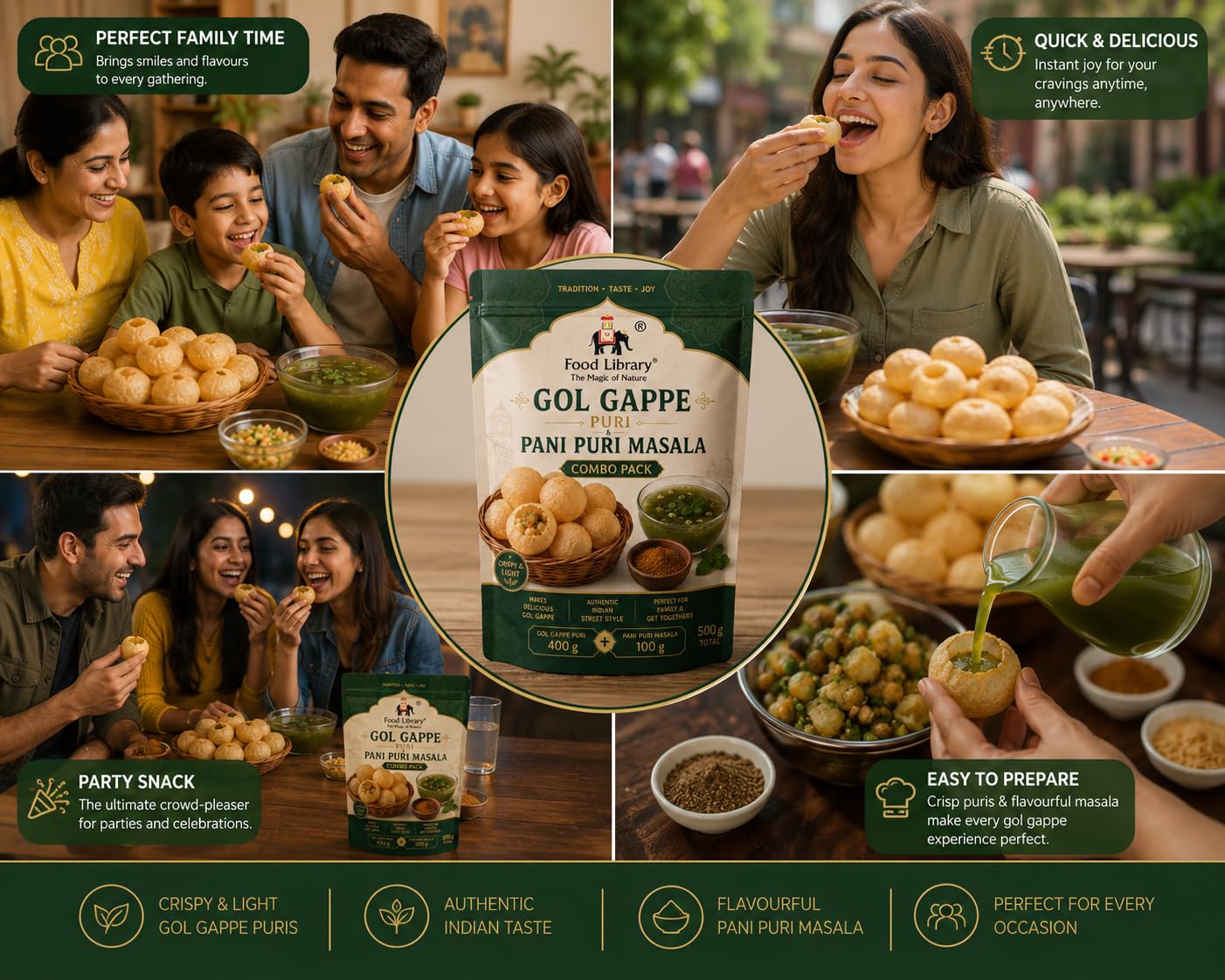 Food Library The Magic of Nature Combo of Ready-to-fry Gol Gappe & Pani Puri Masala Combo Pack (400g Puris + 100g Masala) | Crispy Ready-to-Eat Puchka | Authentic Indian Street Food Kit | Party Snack for Family & Gatherings. 1