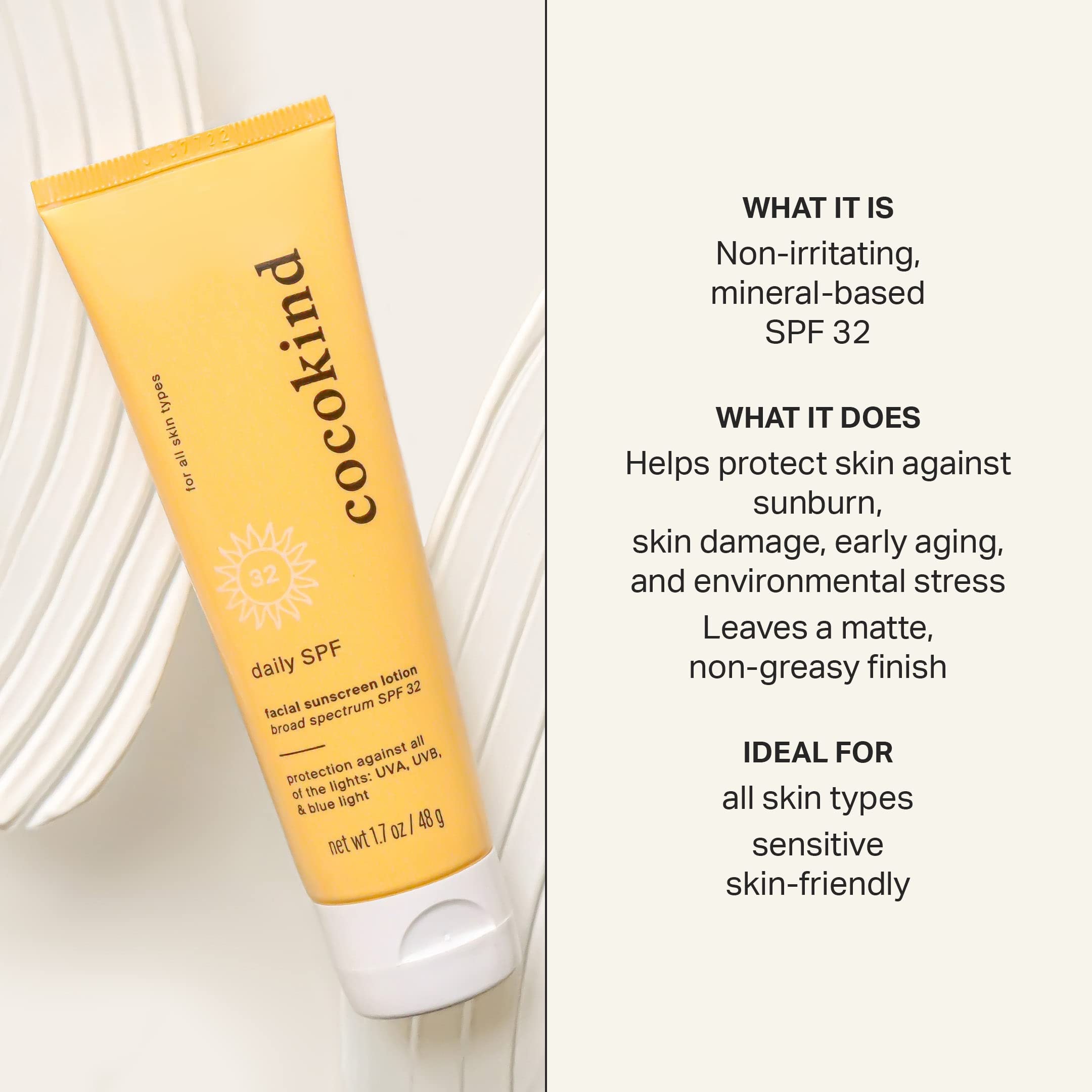 Cocokind SPF diario, protector solar facial, protector solar mineral con óxido de zinc, sin perfume, protector solar seguro para arrecifes con protección SPF 32