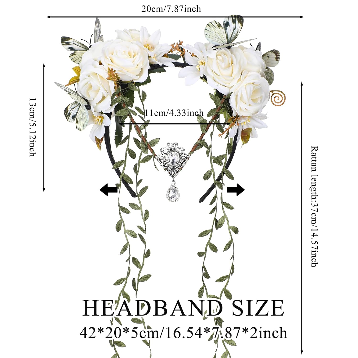 MOSTORY White Fairy Flower Crown - Elf Vine Headpiece Floral Headband with Butterfly Fairy Costume for Women Renaissance White Wedding Party Cosplay Renfaire Halloween