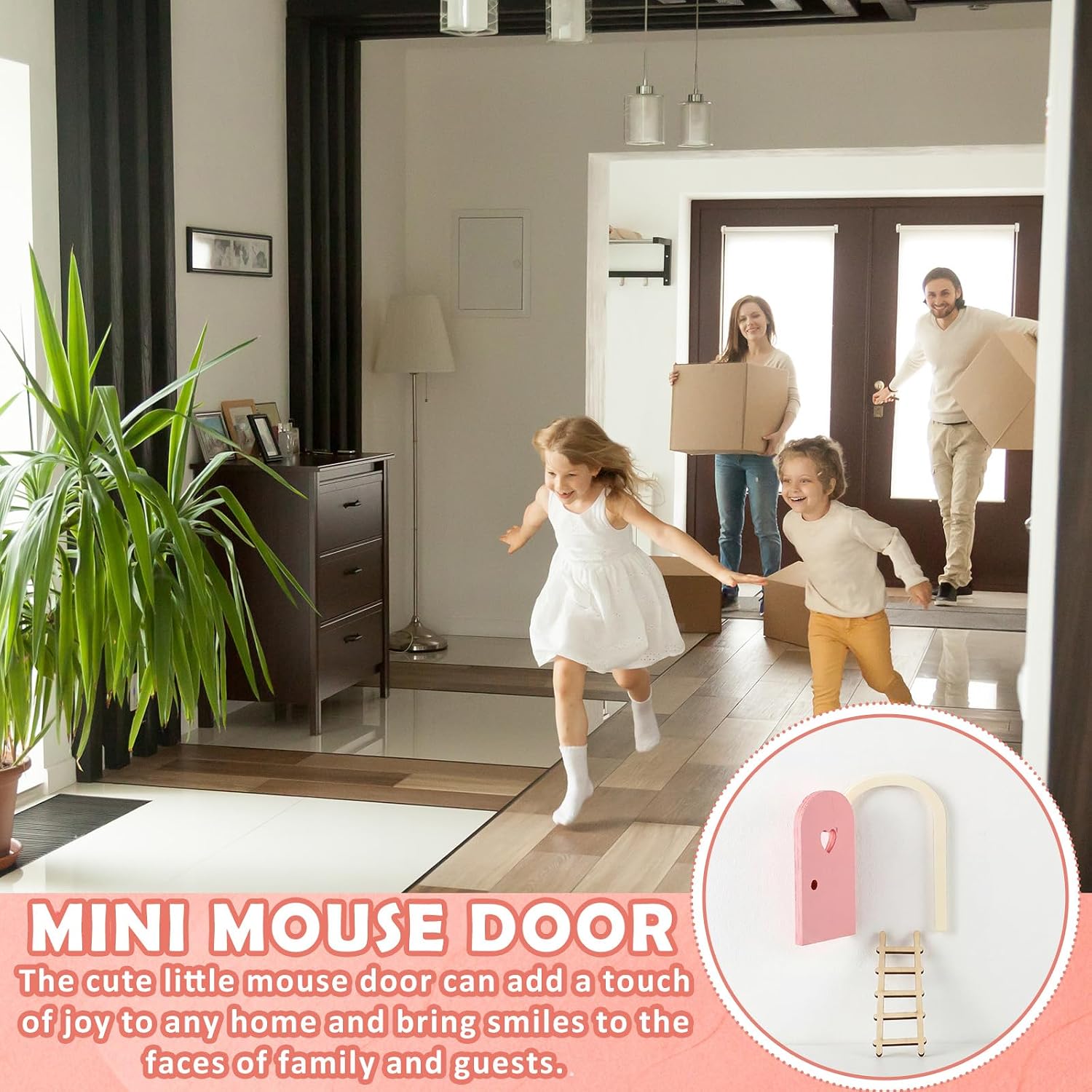 Kathfly 2 Pcs Mini Wooden Mouse Door Kit Fairy Door for Wall, Heart, Pink