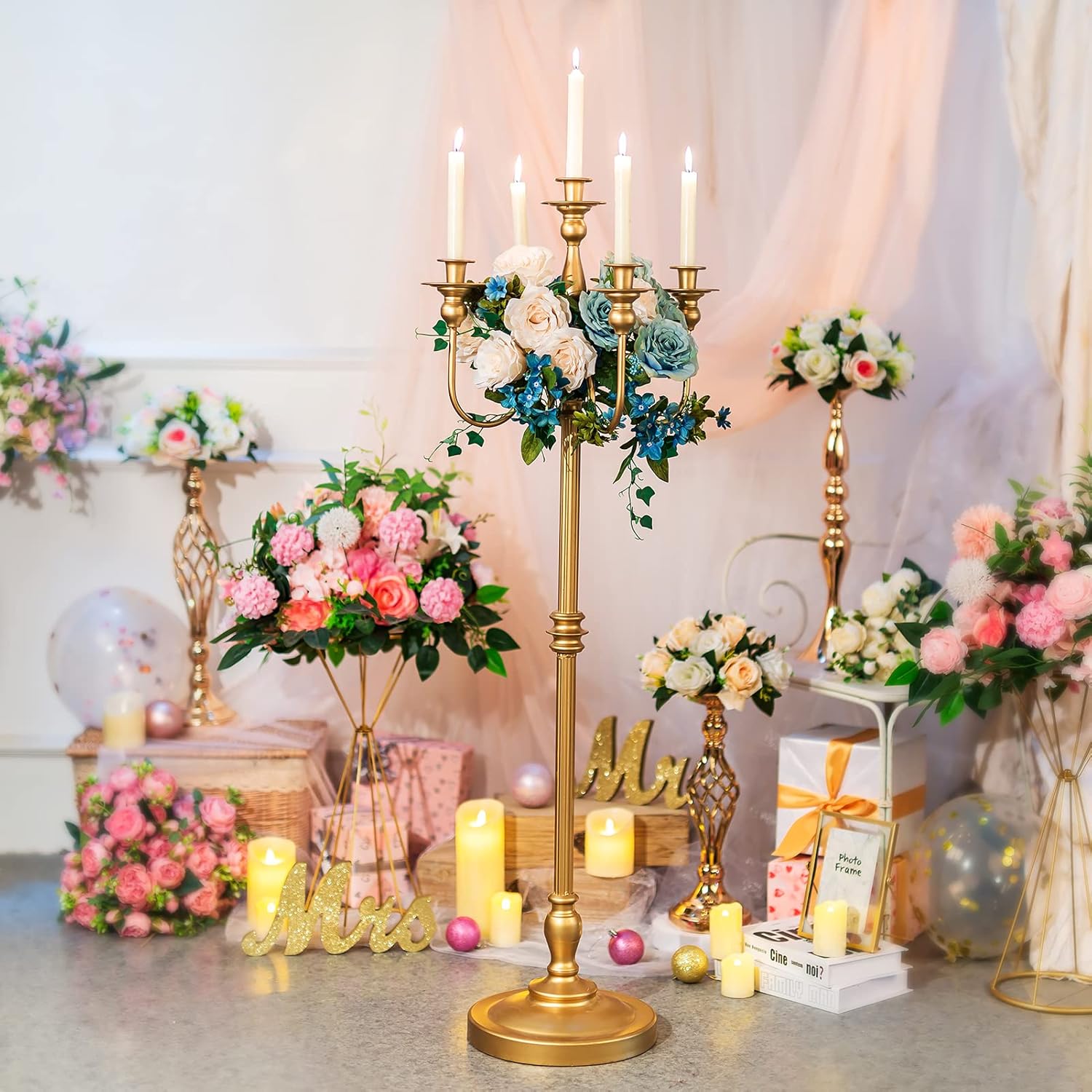Sziqiqi Antique Floor Candelabra Centerpiece Tall Candle Candelabra for Taper Candle and Floral Centerpiece Stand Wedding Party Event Decoration Home Living Room Decoration Gold