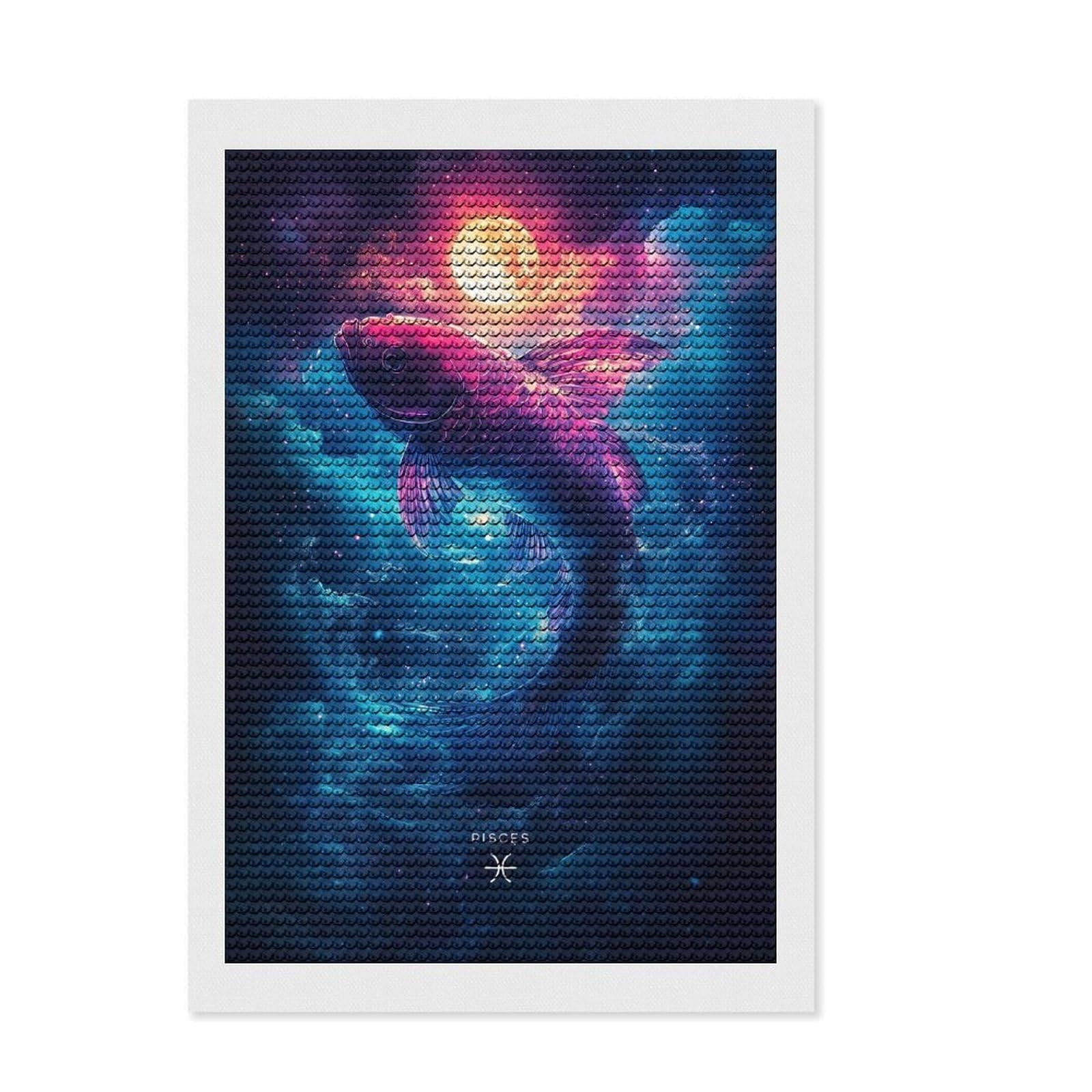 Junmoney Pisces Zodiac Fish 5D Diamond Painting Kit 8"x12", Adhesive Canvas, Stress Relief Craft, Creative Gift Idea, Farmhouse Decor