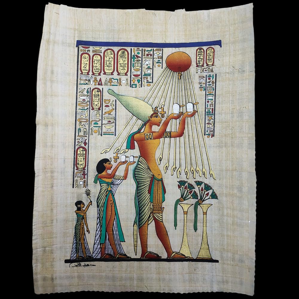 Genérico Ägyptischer Papyrus Original, hergestellt und handbemalt in Ägypten, Papyrus von Akenaton Amenofis IV, mit Nofretetti, Maße: ca. 33 x 43 cm