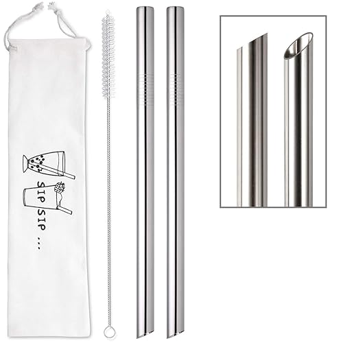 2 Pcs Jumbo Reusable Bubble Tea Straws & Smoothie Straws, 0.5" Wide Stainless Steel Straw, Metal Straw for Boba, Tapioca Pearl, Milkshakes,Smoothies | 1 Cleaning Brush & 1 Case