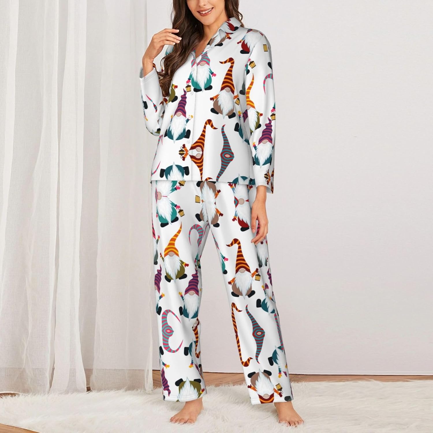 Xmas Funny Gnomes Print Women'S 2 Piece Pajama Sets Long Sleeve Button Down Shirt And Pants Sleepwear Sets S-Xxl
