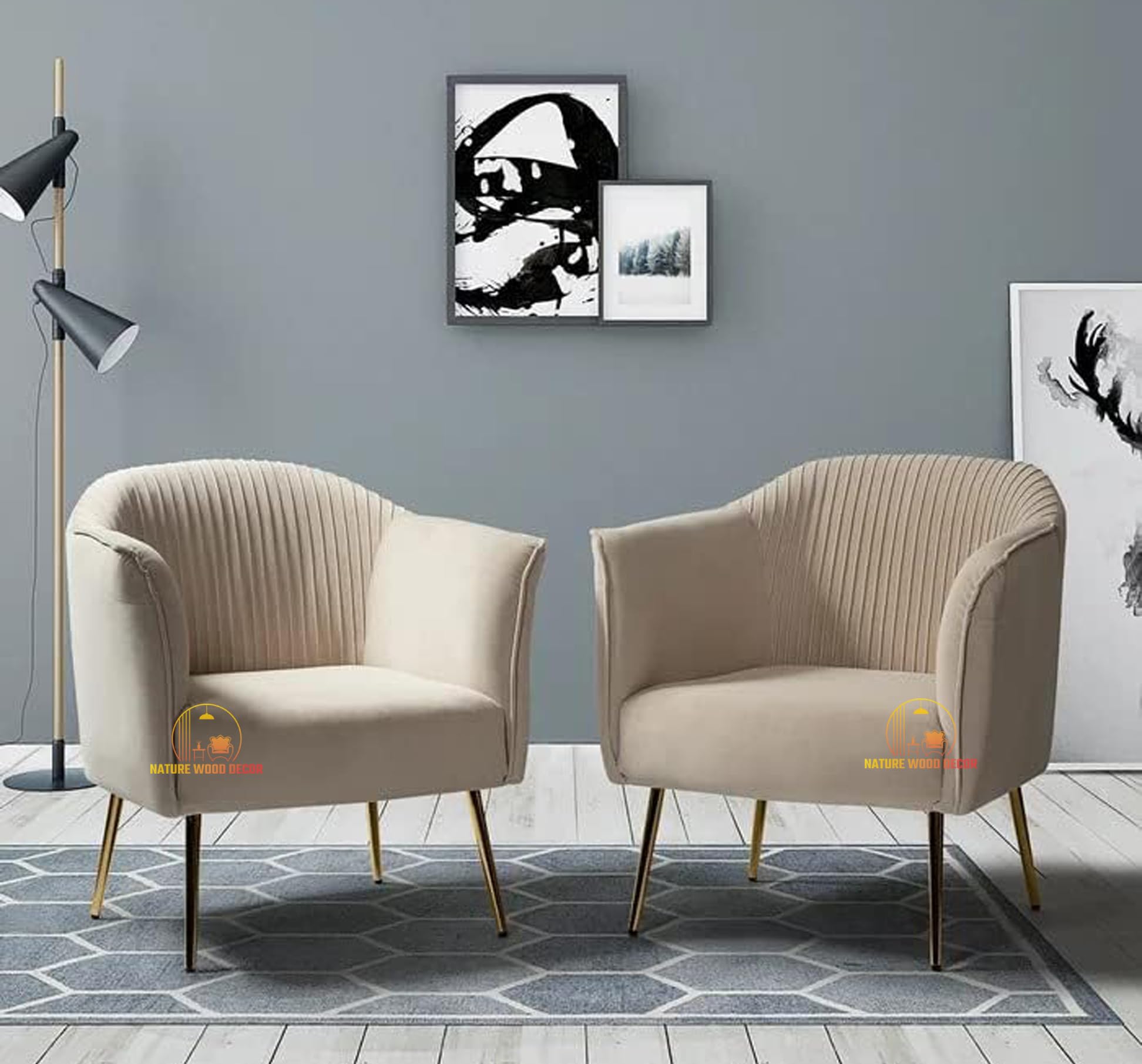 NATURE WOOD DECOR Tufted Barrel Chair (Set of 2) Fabric Velvet Accent Chair  for Living Room, Drawing Room, Bedroom Office (Beige) - Main Image