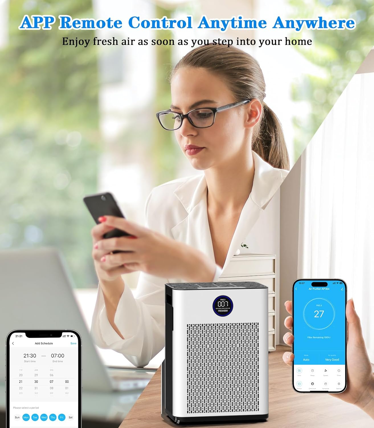 Air Purifier,FRESHDEW Smart WiFi Air Purifiers for Home with H14 HEPA and Activated Carbon Filter, Removes 99.99% of Dust,Odors,Smoke,and Pet Hair Covers up to 2300 Sq.Ft, Quiet and Energy Efficient