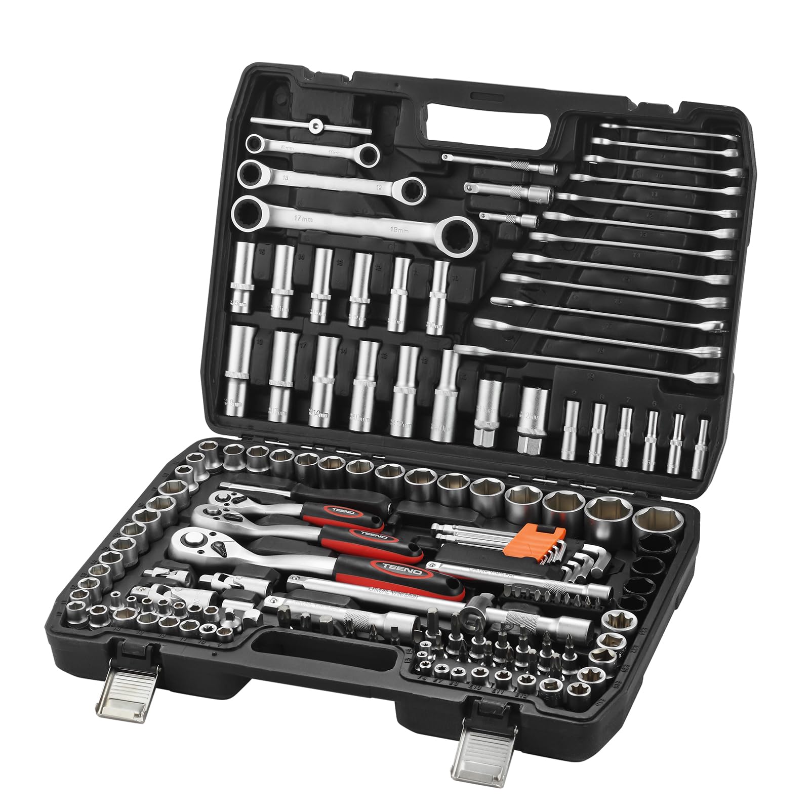 TEENO Set di 151 Chiavi a Bussola, Chiavi a Cricchetto 1/2", 1/4", 3/8", Set Chiavi a Tubo in Cr-V, Set di Attrezzi per Meccanica con Chiavi a Cricchetto Doppie, Kit di Attrezzi Meccanici per Auto