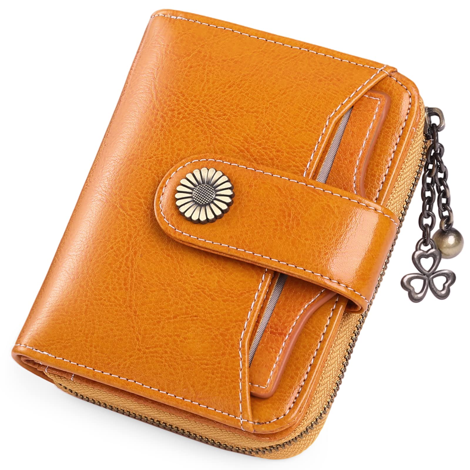 SENDEFNWomen's Small Purse, Women's Genuine Leather, with Coin Compartment, Small Zip Wallet, Card Holder, with RFID Blocker, Ch-orange
