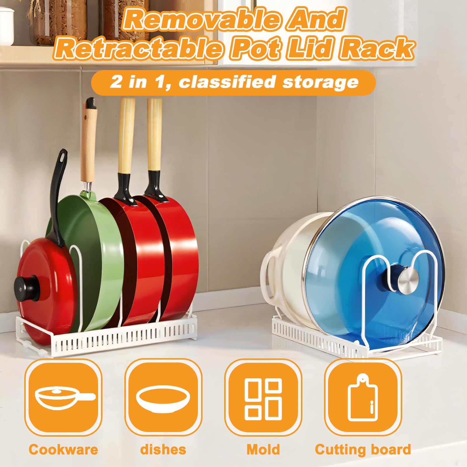Porta Coperchi Pentole con 10 Scomparti Regolabili, Organizer Padelle Salvaspazio Espandibile, Organizzatore Portacoperchi Interno Mobile Allungabile Cucina per Coperchio Padelles Cassettone (Bianco)