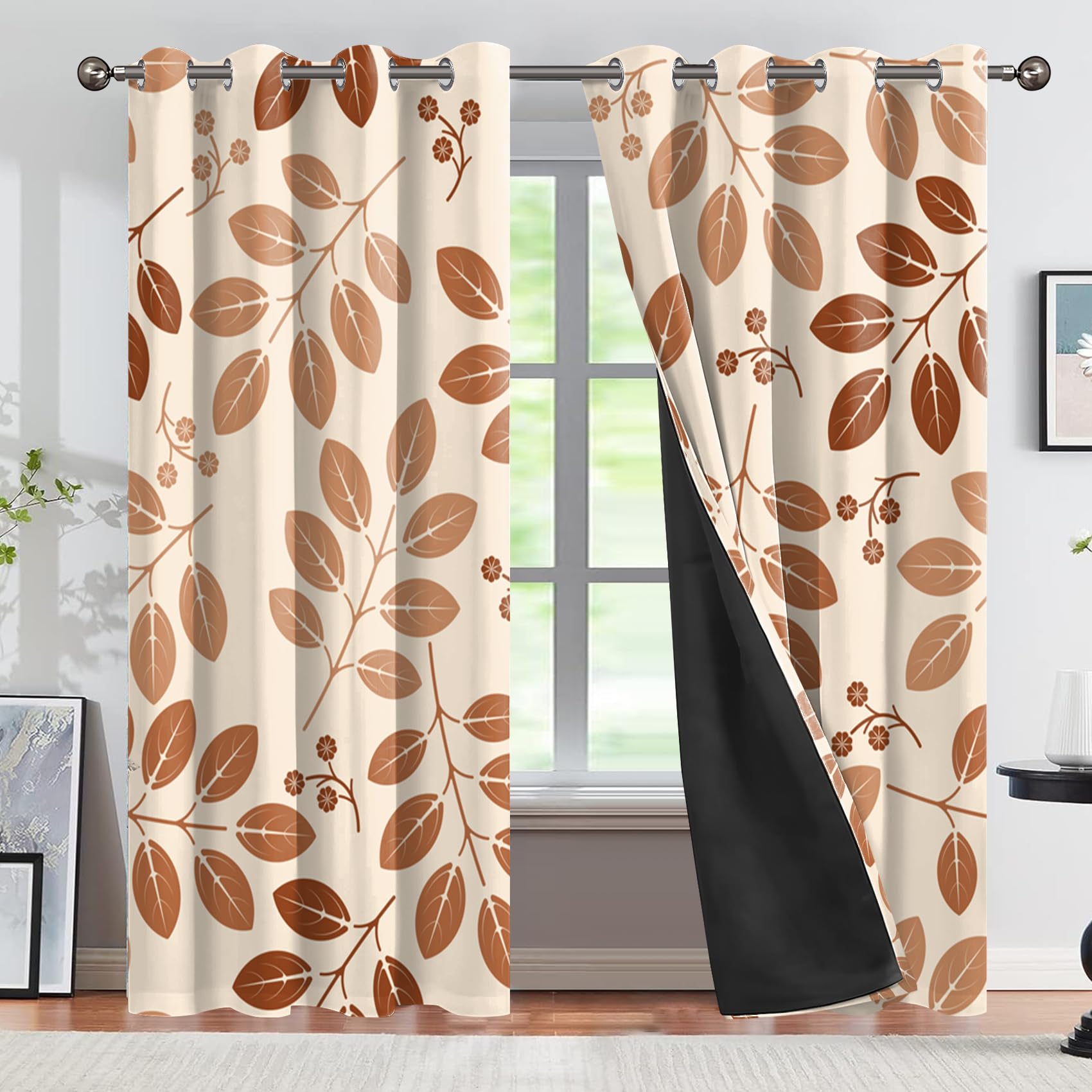 CSFOTO Abstract Leaves Blackout Curtains 2 Panels Retro Brown Leaves Living Room Bedroom Fashion Decorative Curtains, Thermal Insulated Light Blocking