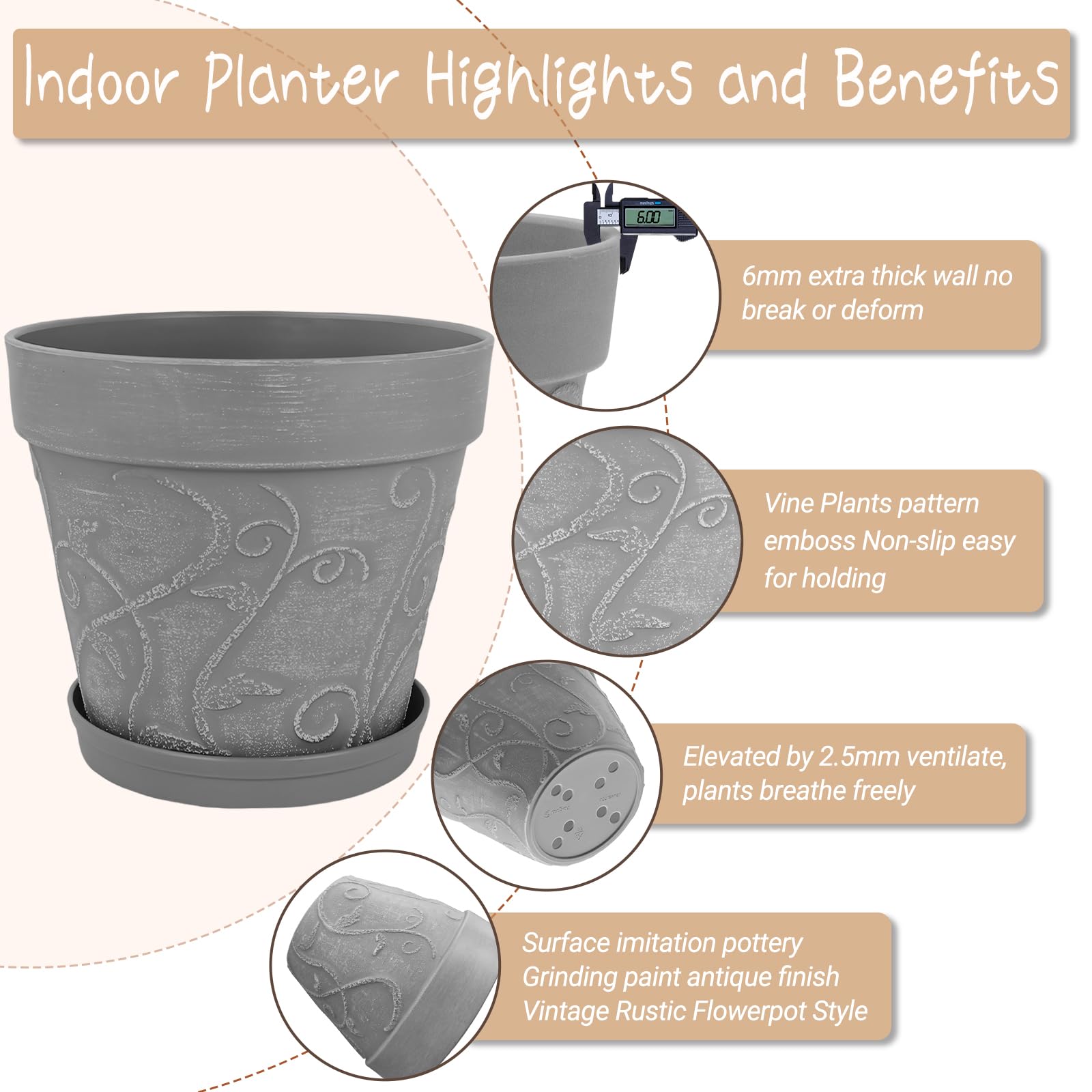 ZMTECH 25 cm Pots avec Soucoupes et Trous de Drainage, Pot de Plante Plastique Aspect Terre Cuite, Pot de Fleur Grand avec Plateau pour Plantes d'Intérieur Extérieur (Gris, Lot de 2)