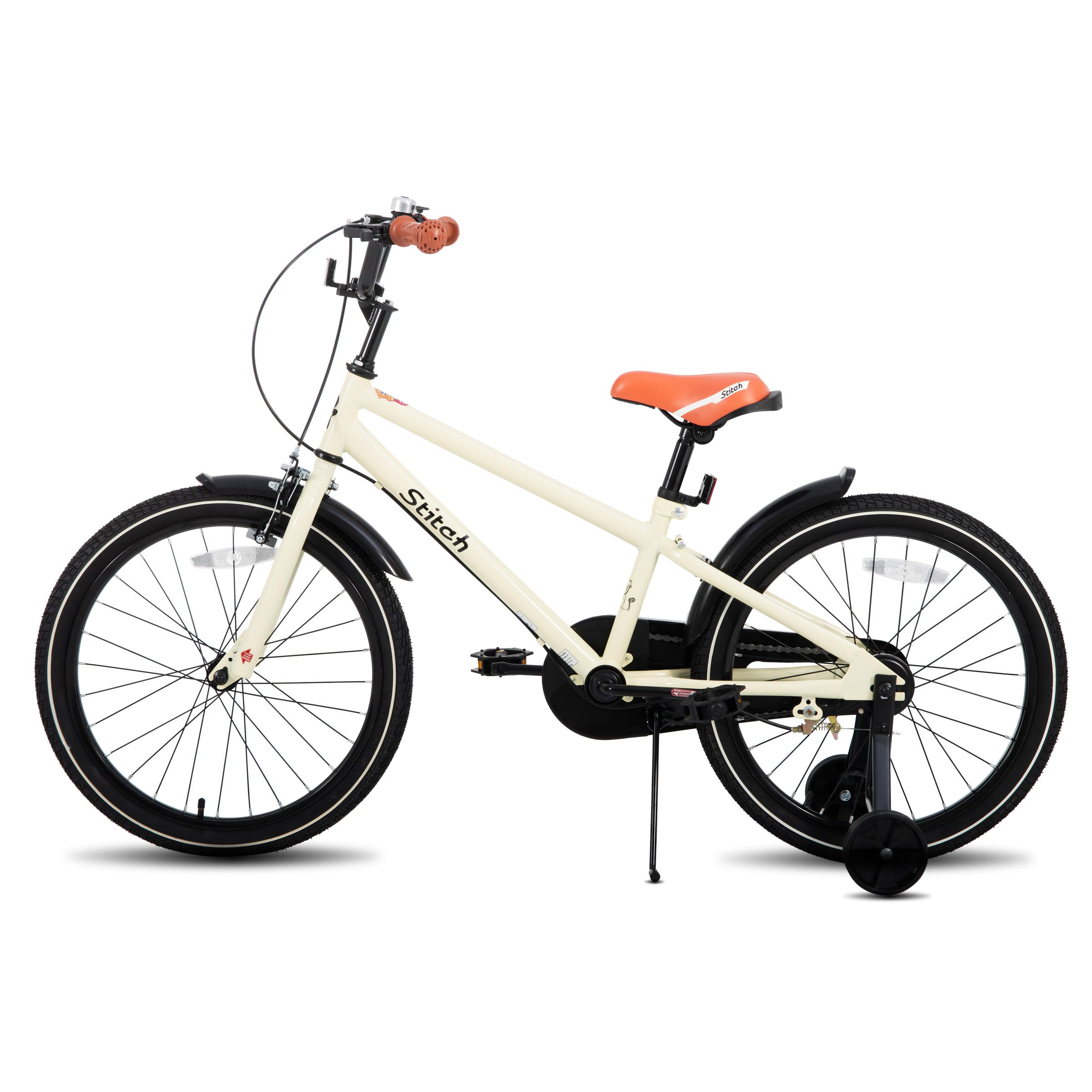 STITCH Bici vintage de 18 pulgadas para niños y niñas de 6 a 8 años, bici infantil de 18 pulgadas con estabilizador y soporte, beige