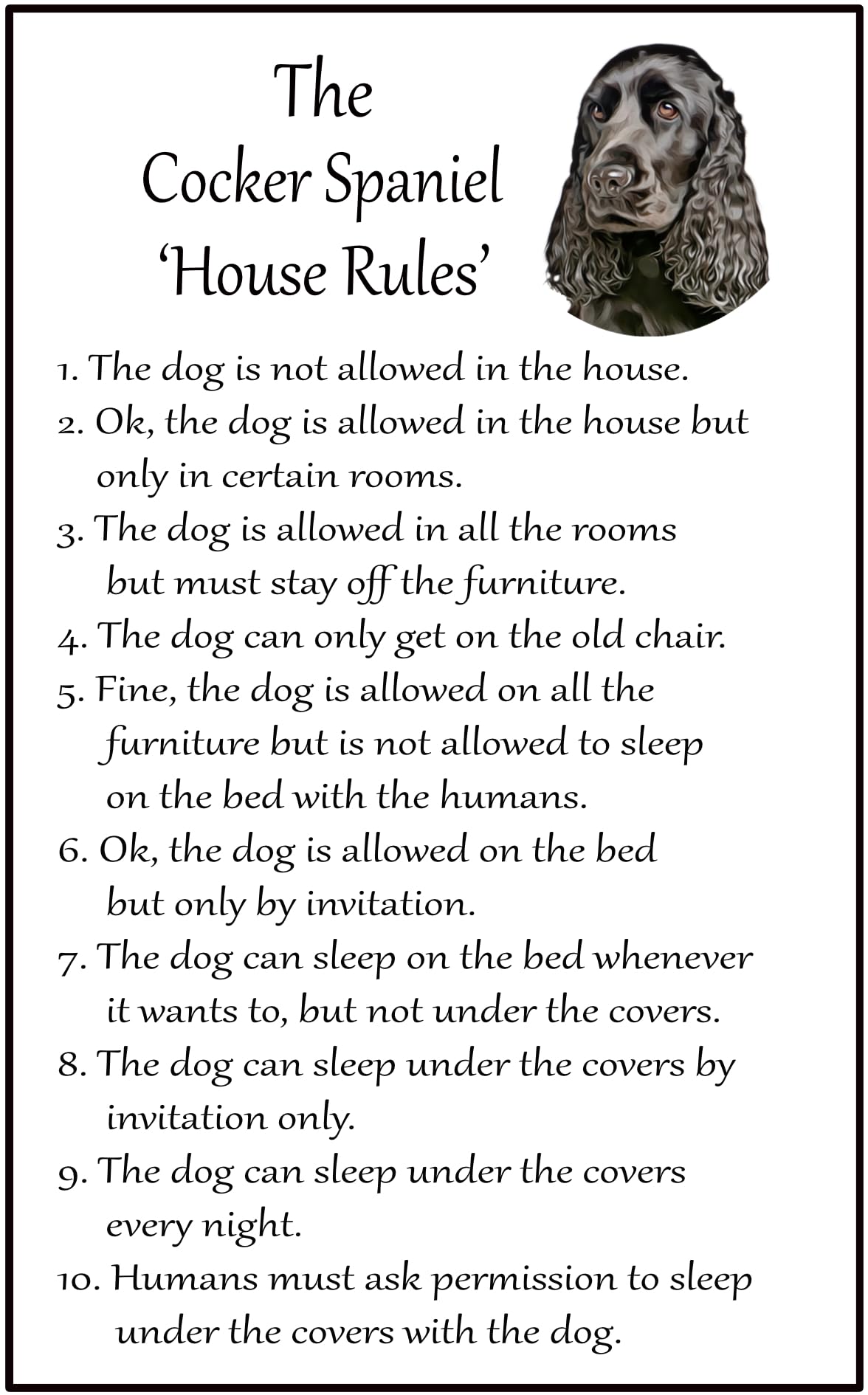 Fridge Magnets Black Cocker Spaniel Gift - House Rules - Large Fun Flexible Fridge Magnet- Size 16Cms X 10 Cms (Approx. 6" X4")