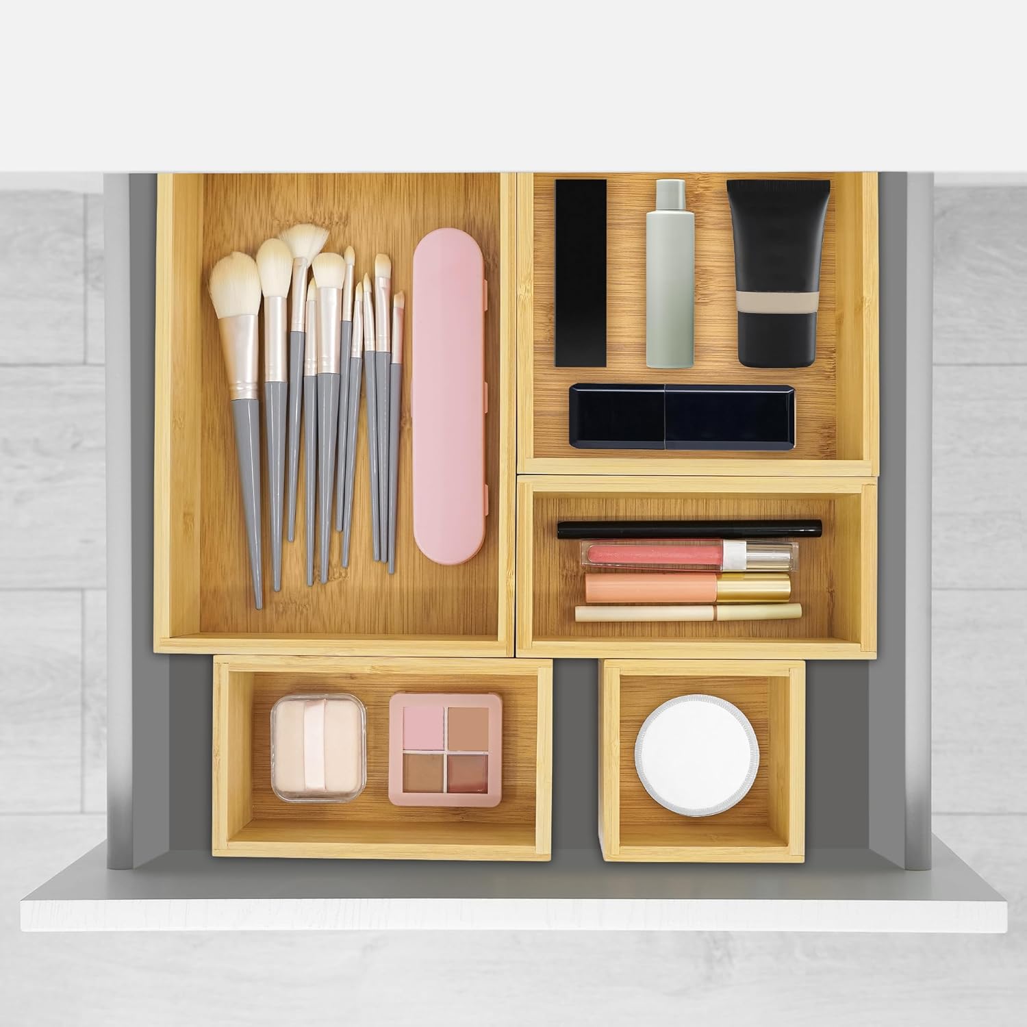 VaeFae Organizer cassetti in bambù, set da 5 per cucina e bagno | Divisione pratica degli scompartimenti, superfici lisce senza sbavature, stabile e duraturo, facile da pulire