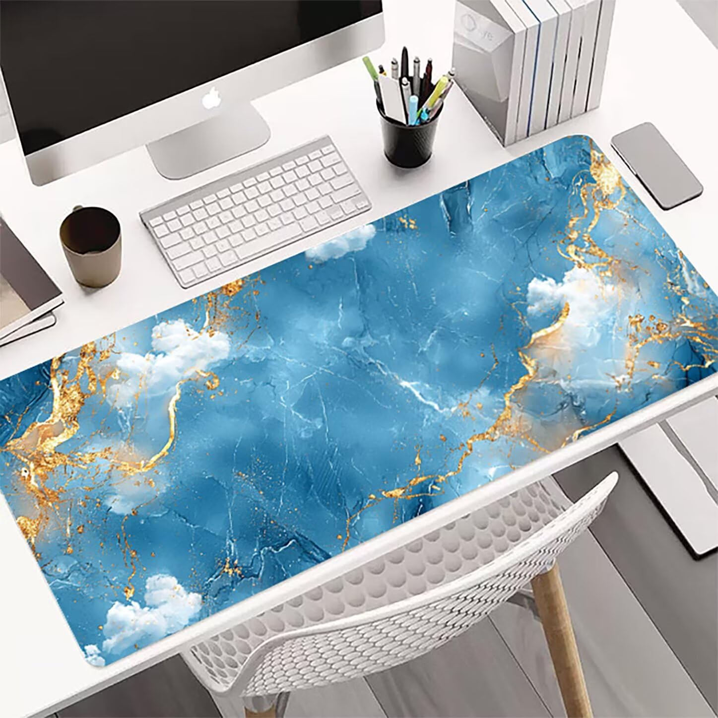 Lpfieonn Marmormuster Großes Schreibtischunterlage, XXL Schreibtischunterlagen, Blau XXL Wasserdicht Gaming Mousepad mit Vernähter Rand und Rutschfeste Gummibasis, für Hause/Büro 120x60cm PF-2451