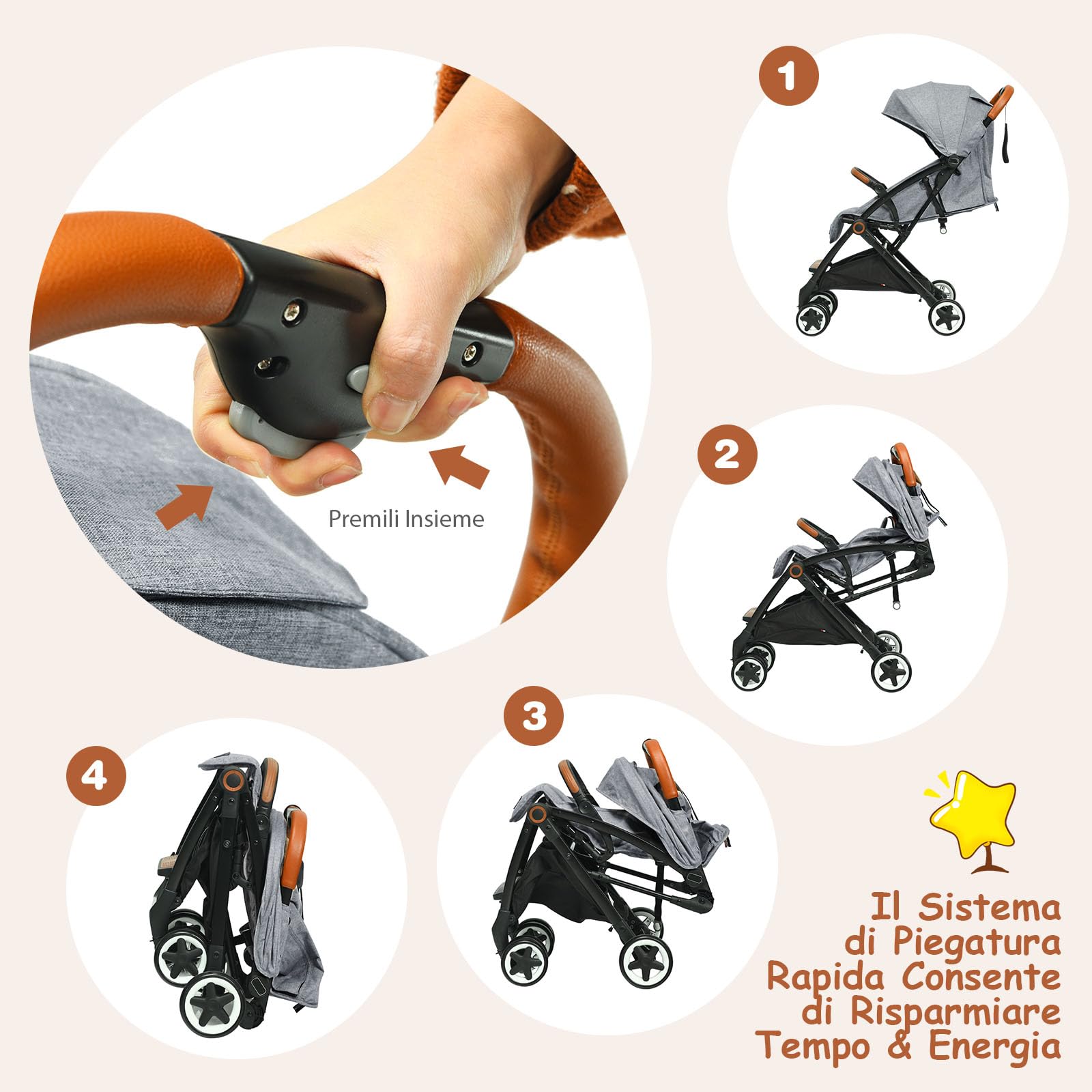 Costway Passeggino Leggero per Bambini 0-3 Anni fino 15 kg, Schienale e Poggiapiedi Regolabili, Cappottina e Zanzariera, Compatto Pieghevole Grigio