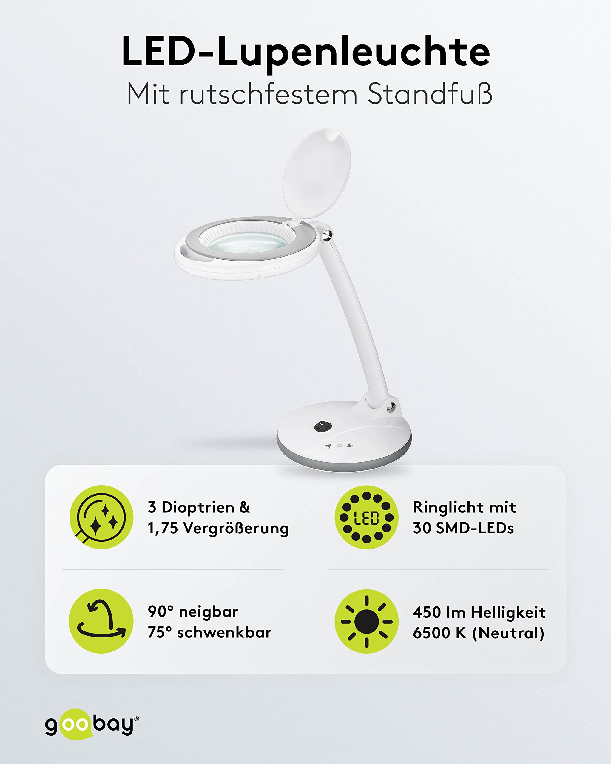 Goobay 60363 Lampa powiększająca LED o zmiennej intensywności / lampa powiększająca z stopką / lupa stojąca z światłem / 6 W pochłaniana moc / temperatura barwowa 6500 K / strumień świetlny 450 lm / 230 V (AC)