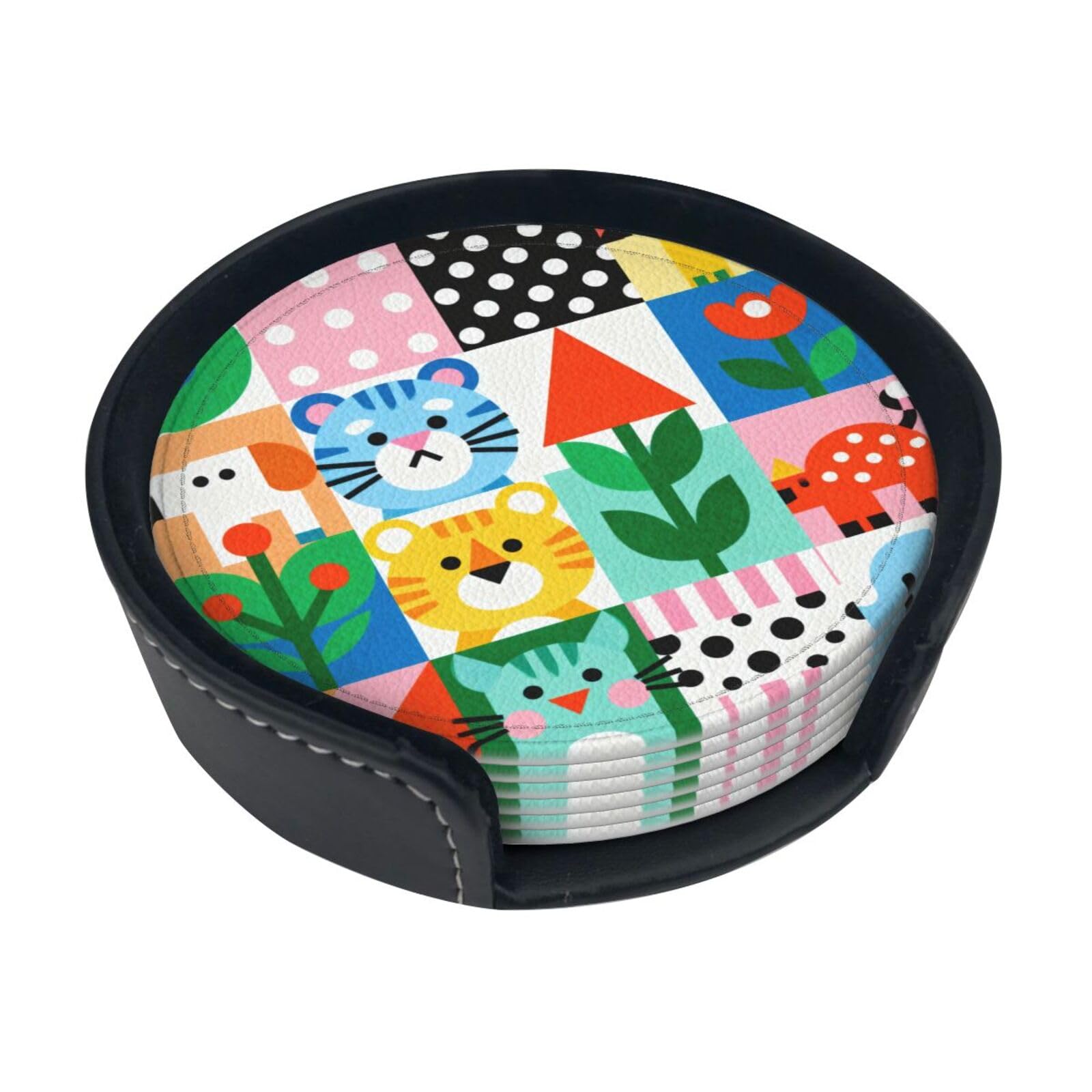Cntdbu White Abstract Cartoon Leather Coasters Set Of 6-Pu Leather Drink Mats For Table, Heat Resistant Round Coasters With Holder