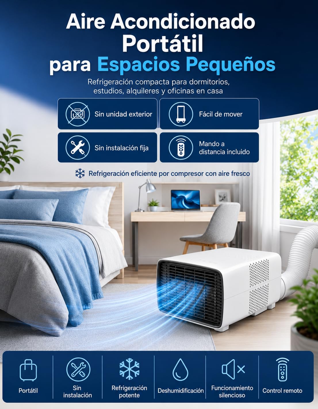 Aire Acondicionado Portátil 2700 BTU 3 en 1 para Casa y Caravana | Refrigera, deshumidifica y ventila casa y caravanas; modo noche, mando a distancia, temporizador y tubo de escape