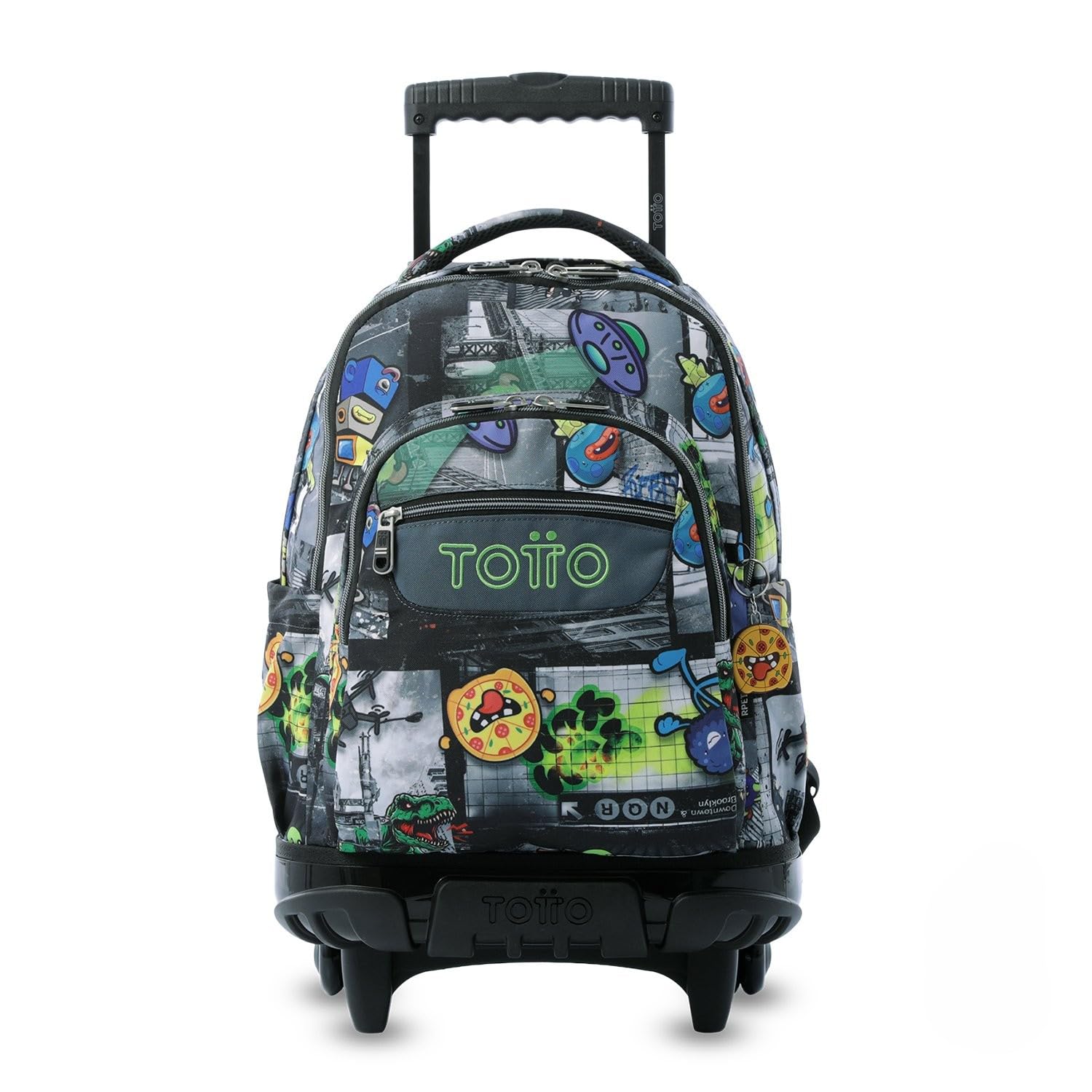 TOTTO - Mochila Escolar con Ruedas, Modelo Renglones, Capacidad 26,21 Litros, Bolsillo para PC 14", Bolsillo Botella, Correas en S para Mayor Comodidad, Resistente, Estampado Rolly Negro