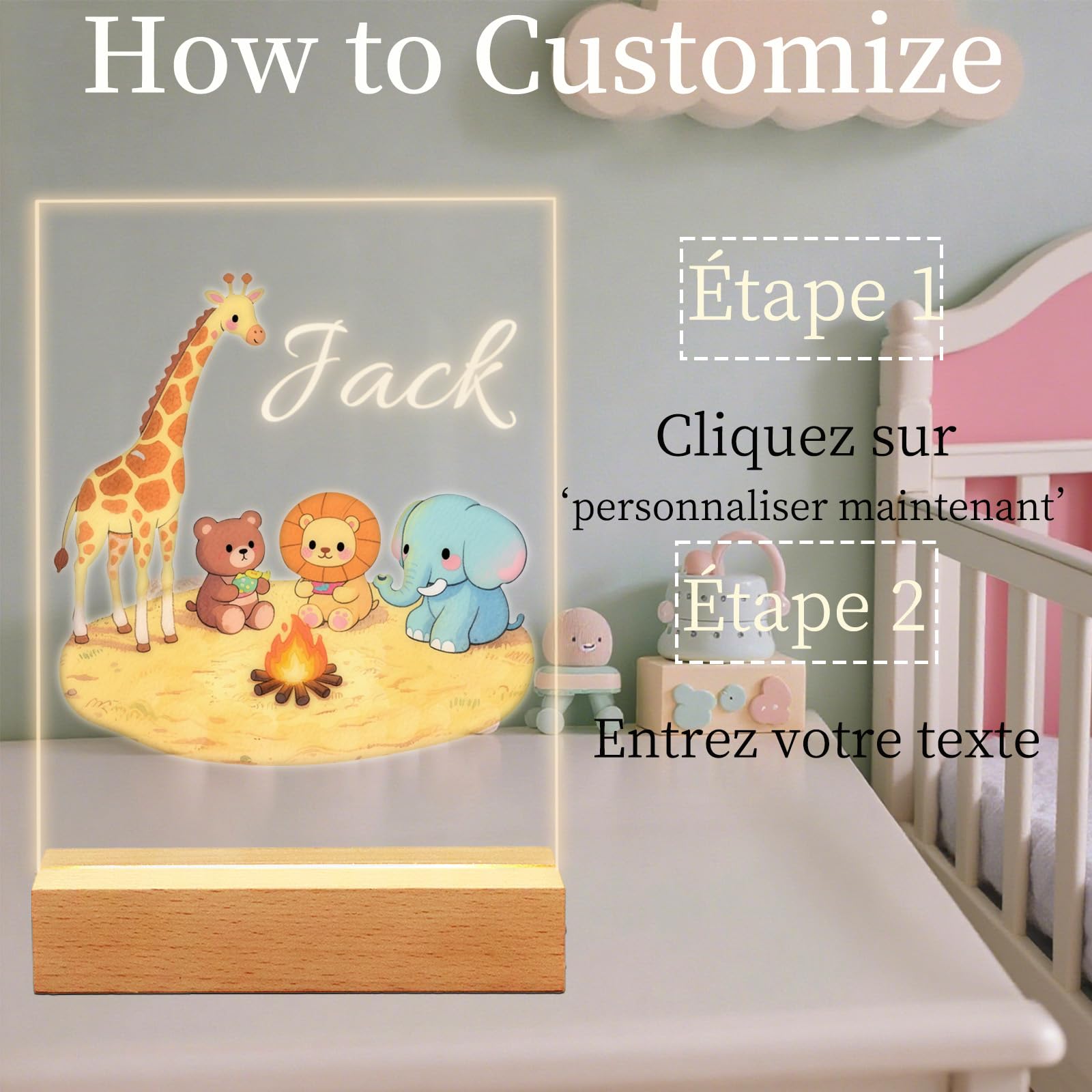 Cadeau Bébé Personnalisé, Lampe de Chevet Personnalisée pour Chambre d’Enfant, Souvenir de Baptême,Cadeau de Noël et Fête pour Enfants