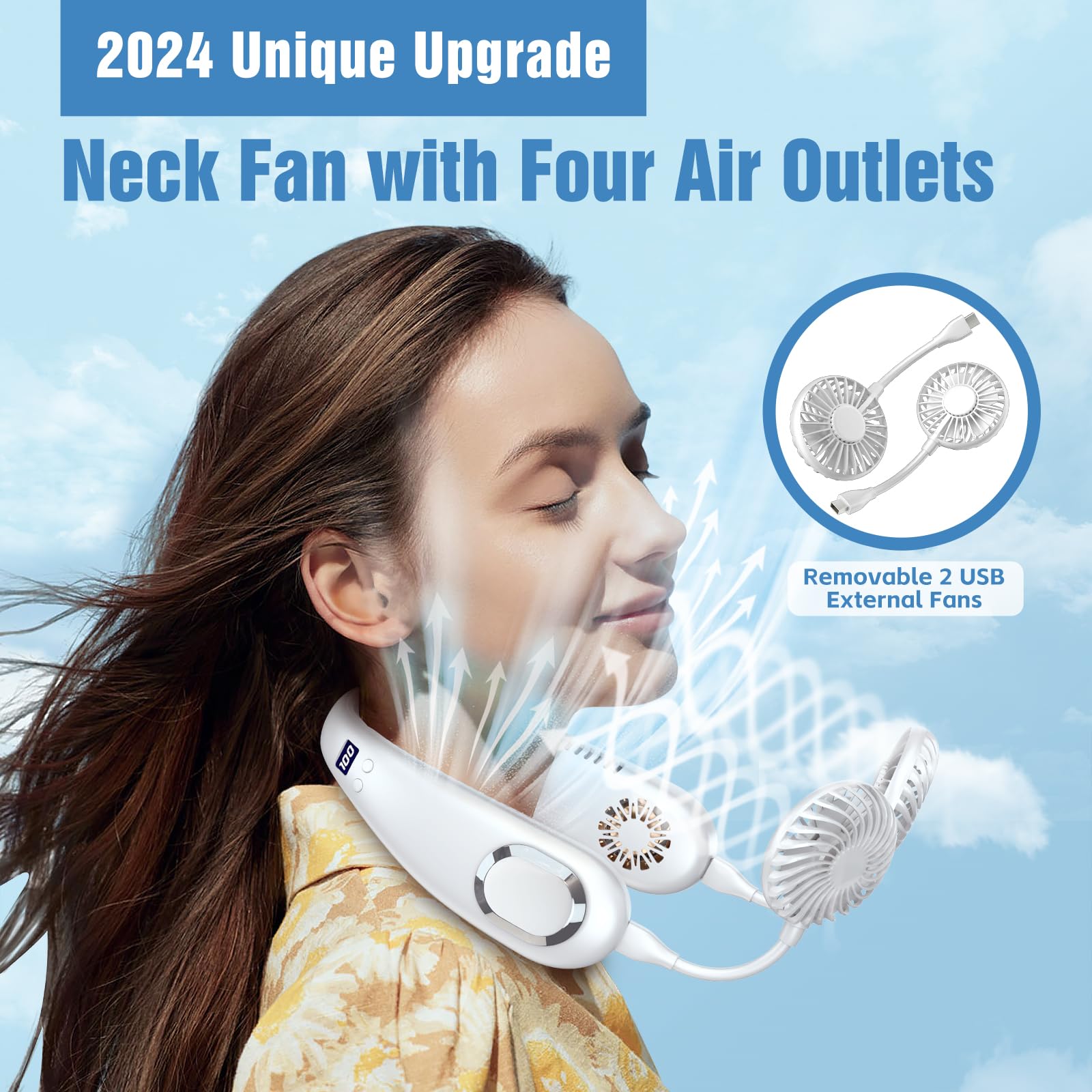 Ventilador de cuello portátil, aire acondicionado manos libres con 4 salidas de aire de 3 velocidades para viajes, camping, trabajo en el patio, color blanco