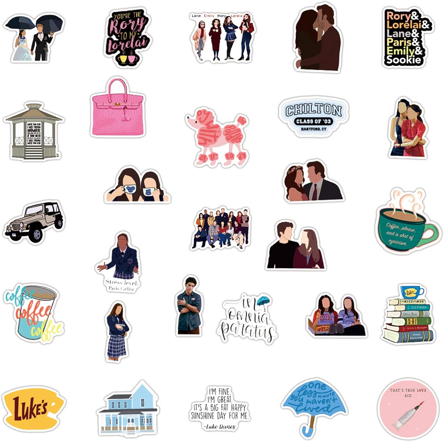 amazon com gilmore girls stickers 50pcs vinyl water comedy tv show decal for laptop skateboard bumper cars computers cool teens adults decorations electronics