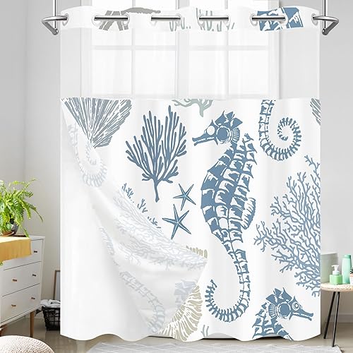 Miniatura 3 de Nautical Beach - Cortina de ducha sin gancho con forro a presión, cortina de ducha costera con forro de estrellas de mar, conchas marinas, coral con