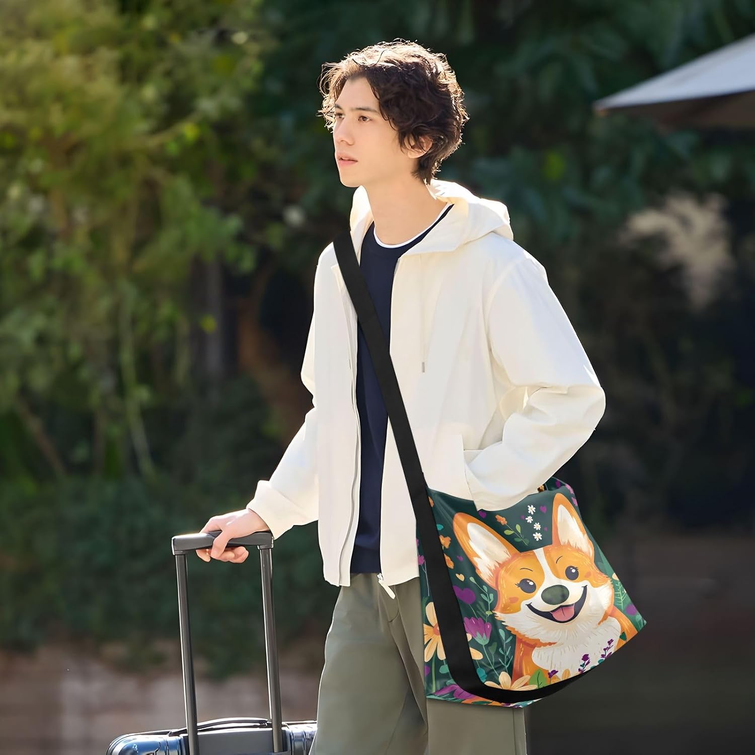 Corgi Flowers Green Hobo Shoulder Bag for Women Men PU Leather Crossbody Bag Slouchy Tote Handbags for Shopping Traveling Working