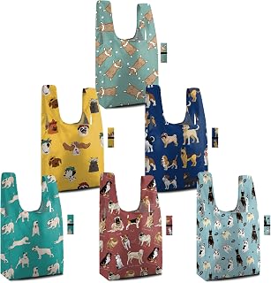 BeeGreen Dog Reusable Grocery Bags 6 Pack - Foldable, Heavy Duty Shopping Tote Bags with Zipper Pouch, Large Capacity (50+ Lbs), Animal Prints Designs for Women & Men, Machine Washable