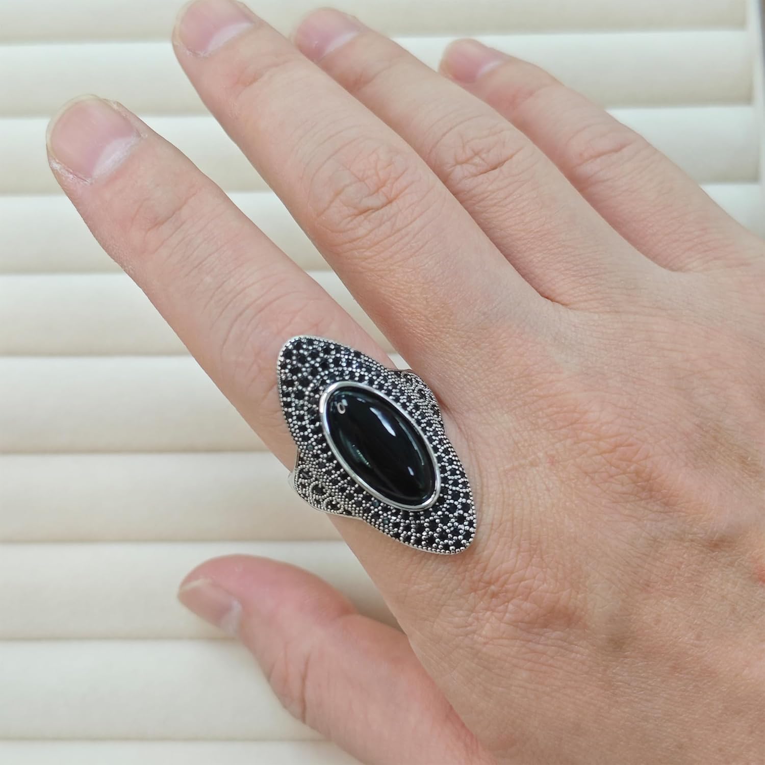 Adjustable Black Onyx Statement Ring, Oval and Marquise Solitaire in 925 Sterling Silver,An Artisan Statement Piece for Her