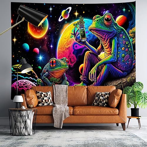 Miniatura 3 de Tapiz de bosque de ensueño de rana de luz negra, tapiz psicodélico de hongos, reacción UV, mariposa, galaxia, luna, espacio, tapiz para colgar en la