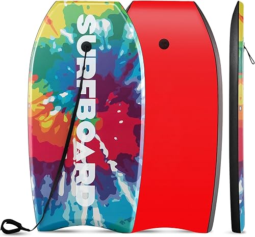 Vista 36 de GYMAX Tablas de cuerpo para playa, 33/37/41 pulgadas con núcleo de espuma EPS, cola creciente, doble canal y correa de muñeca, bodyboard ligero