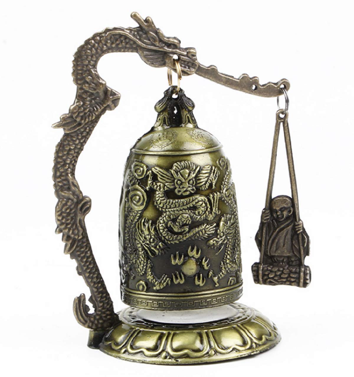 DMtse Feng Shui Vintage Bronze Lucky Monk and Dragon Hits Bell Clock Metal Decoration Ornament Good Luck