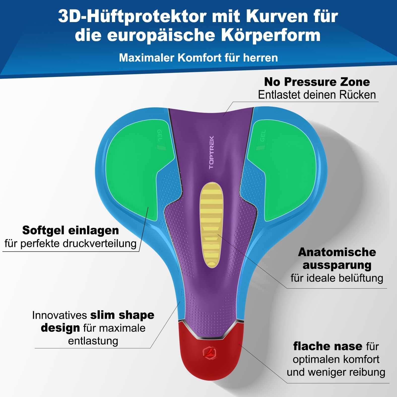 toptrek Fahrradsattel Herren Damen Bequem Weich, Ergonomischer Fahrrad Sattel, Schmerzfrei Radfahren, 2026 Neue Aufrüstung Fahrradsitz Atmungsaktiv Stoßdämpfend für E-Bike MTB Rennrad Cityrad