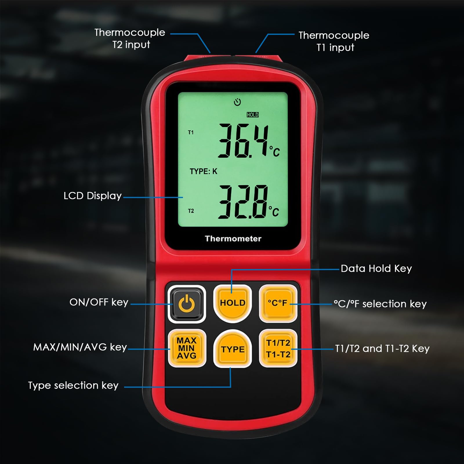 Termometro a termocoppia a doppio canale Tipo K/J/T/E/R/S/N -150~1767 °C Misuratore di temperatura digitale Retroilluminazione 2 sonde
