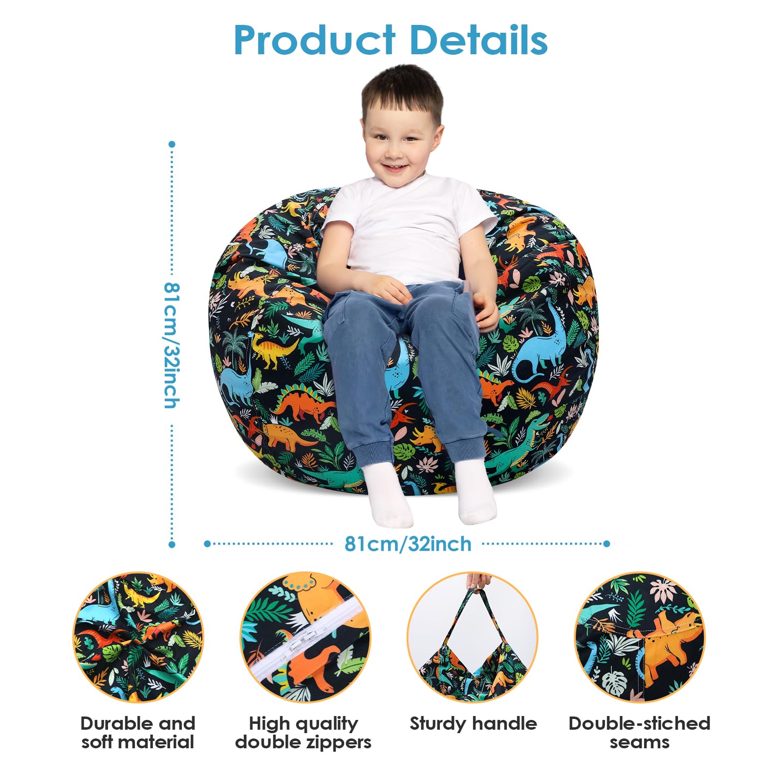 Kids Bean Bag Chair-Cover Only-Large Stuffed Animal Storage Bean Bag for Boys Girls Indoor Outdoor (No Filling),Dinosaur Black - Image 3
