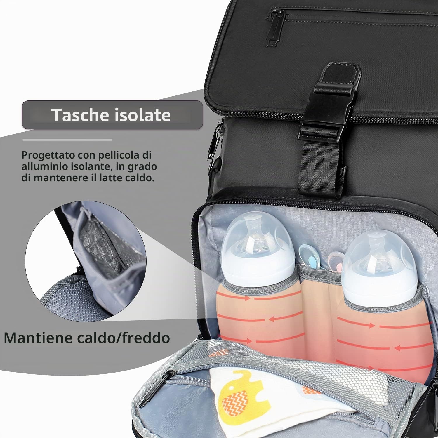 Waldseemüller Zaino Mamma Multifunzione, Tessuto Ecologico Grande Capacità Borse Fasciatoio, Zaino per il Cambio Unisex con Materassino Fasciatoio, Sacchetto Termico di Bottiglia(Nero)