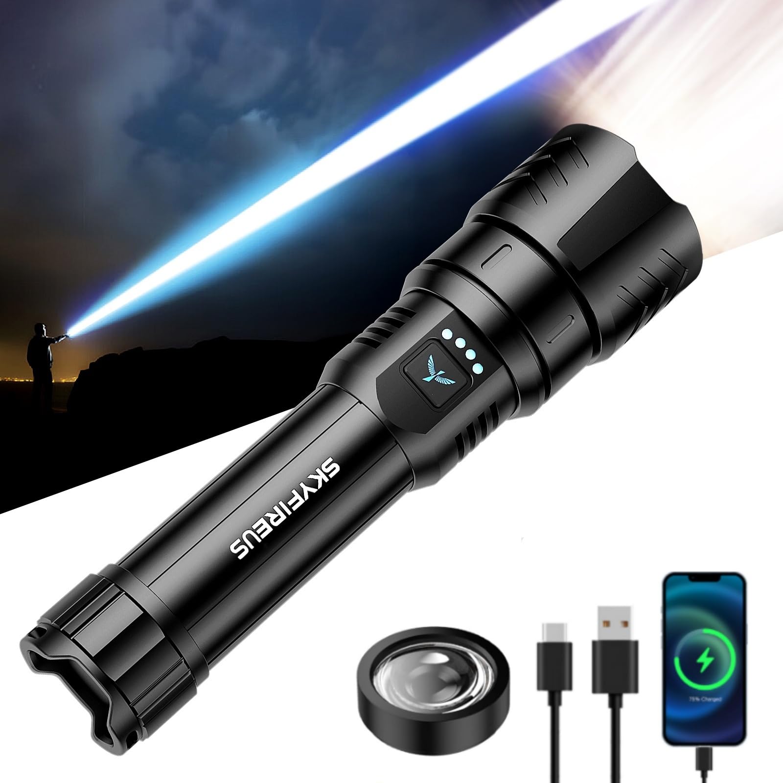 SKYFIRE Torcia LED Potente Professionale | 900.000 Lumen Torcia Ricaricabile USB, 4 Modalità Luminose con Zoom | Lente Accendi-Fuoco | Impermeabile, ideale per Campeggio, Militare ed Emergenze
