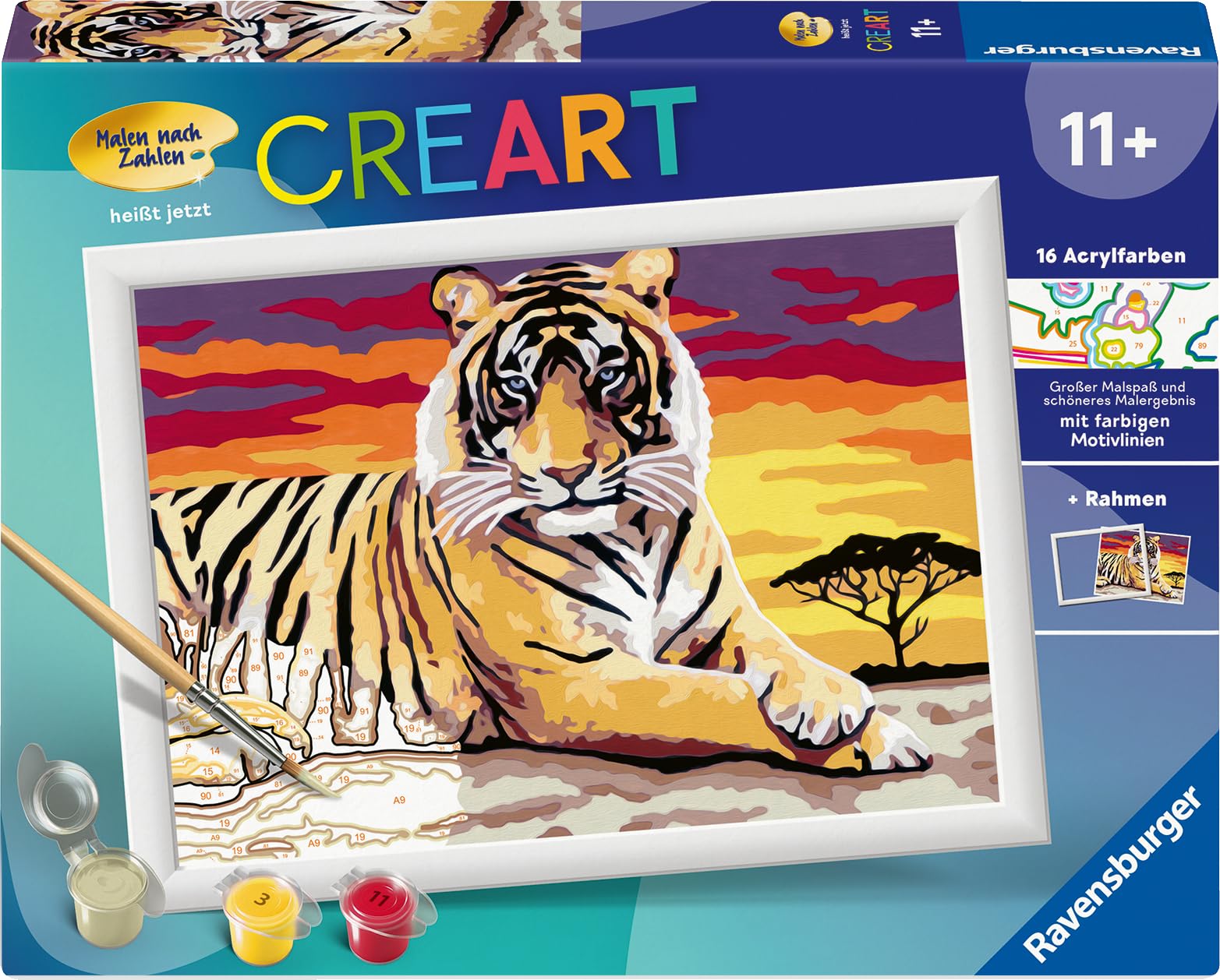 Ravensburger CreArt 28553 - Majestätischer Tiger - Malen nach Zahlen für Kinder ab 11 Jahre, Malset mit Rahmen, Pinsel und Acrylfarben, Geschenk für Mädchen und Jungen