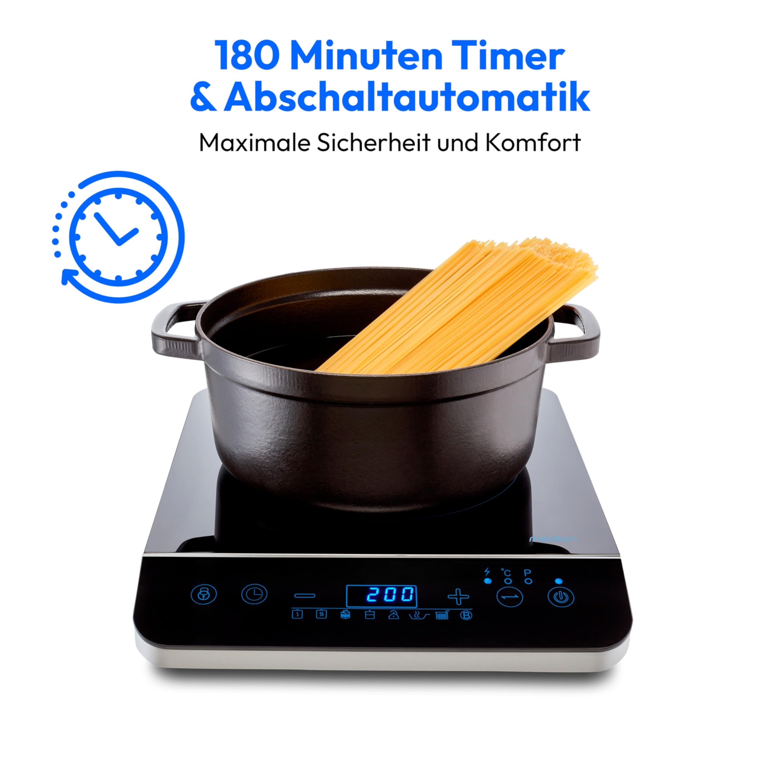 MEDION Induktionskochplatte 2000 Watt 60-240°C 8 Automatikprogramme 10 Leistungsstufen LED Display schwarz